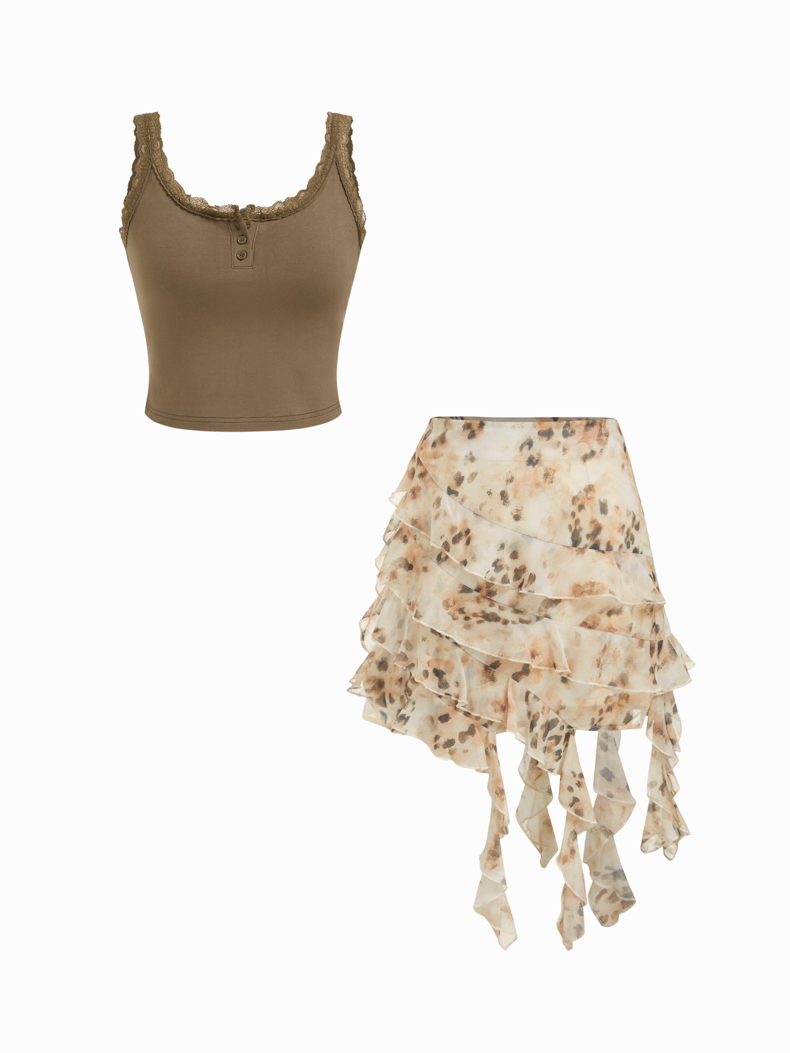 Chiffon Square Neck Lace Trim Crop Cami Top & Low Rise Leopard Ruffle Hem Mini Skirt Set by CIDER Chiffon Square Neck Lace Trim Crop Cami Top & Low Rise Leopard Ruffle Hem Mini Skirt Set by CIDER