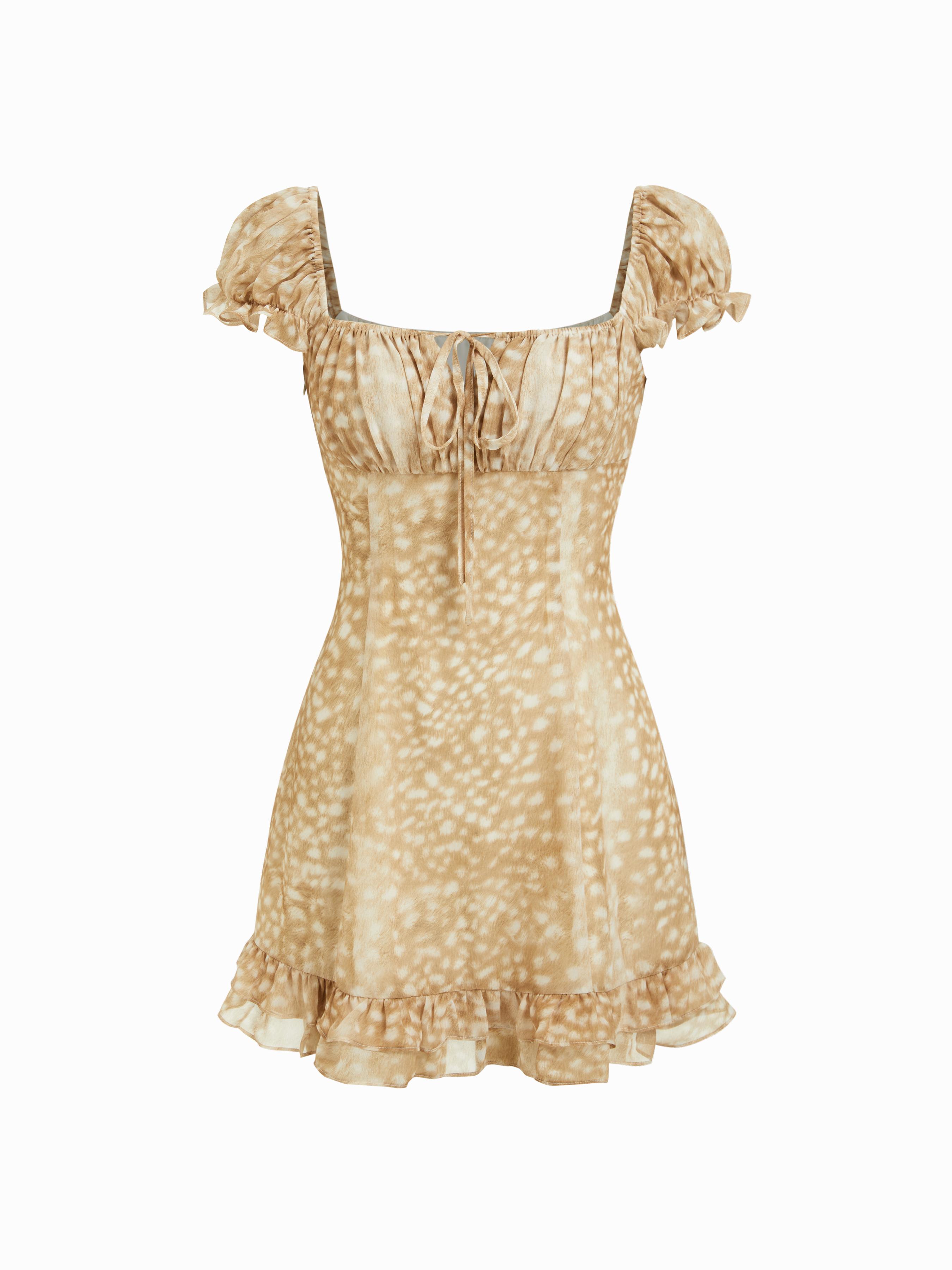Chiffon Square Neck Puff Sleeve Ruched A-line Mini Dress by CIDER