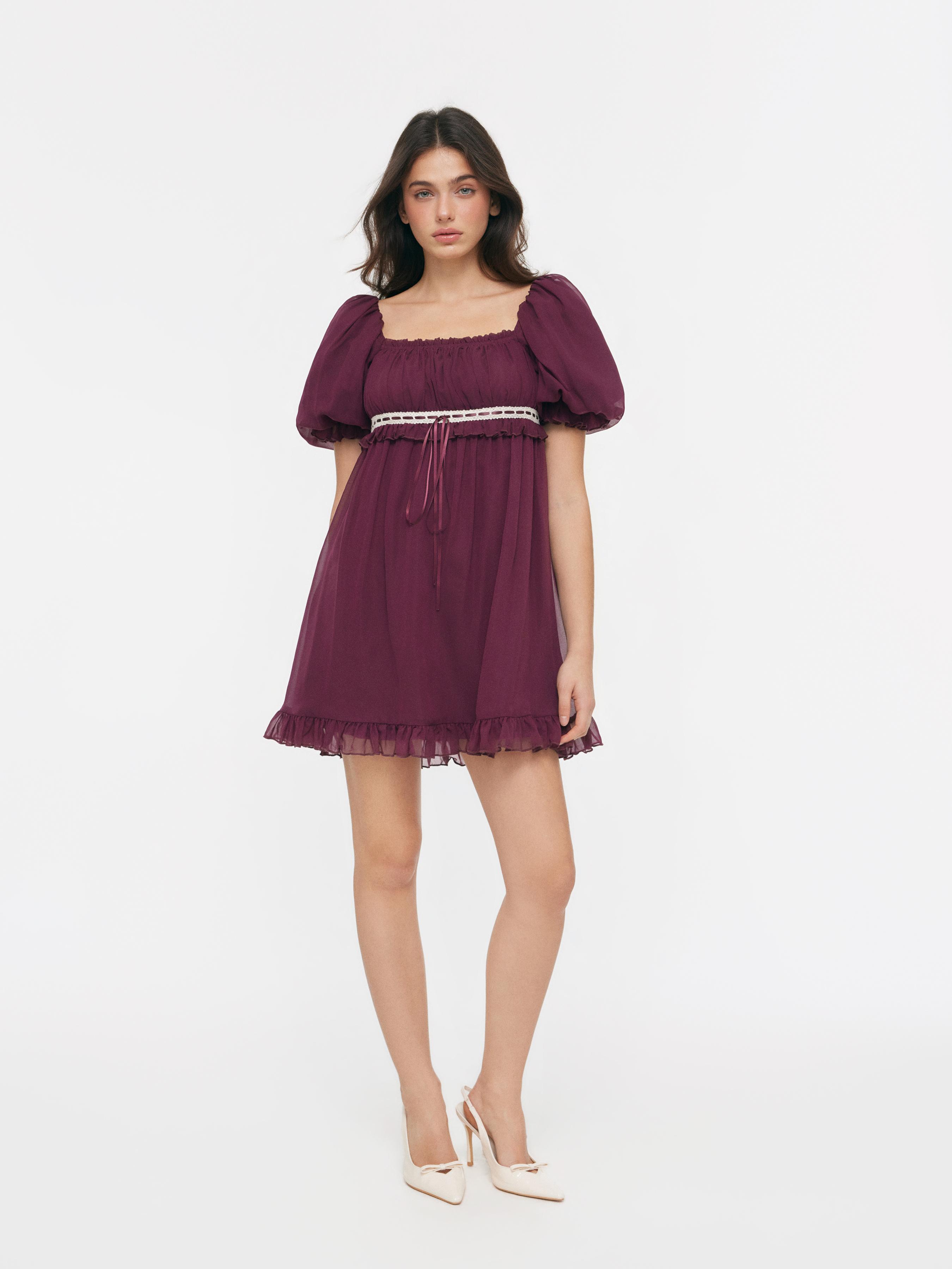 Chiffon Square Neck Ruffled Puff Sleeve Oversized Babydoll Mini Dress by CIDER
