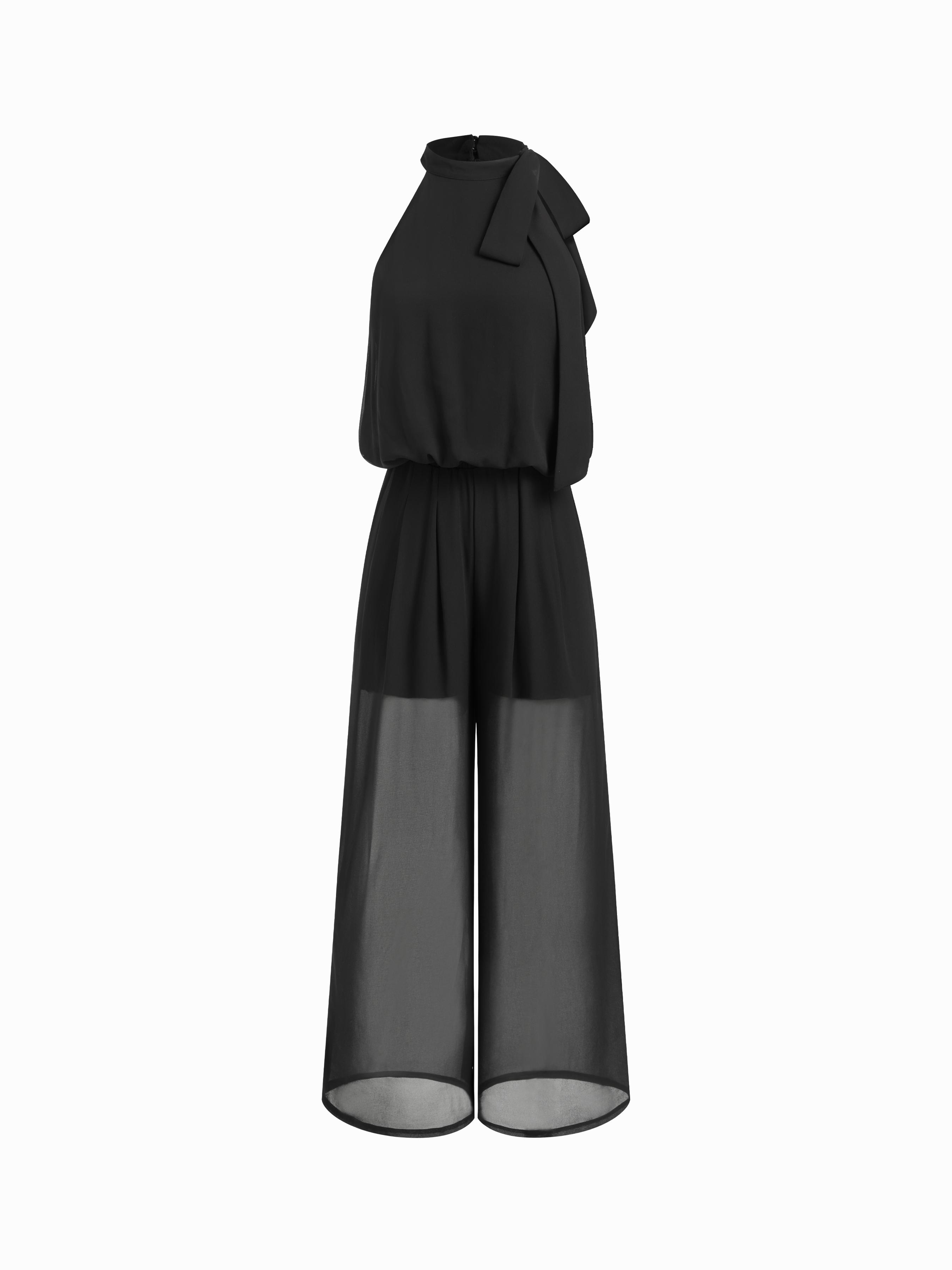 Chiffon Stand Collar Bowknot Straight Leg Jumpsuit by CIDER