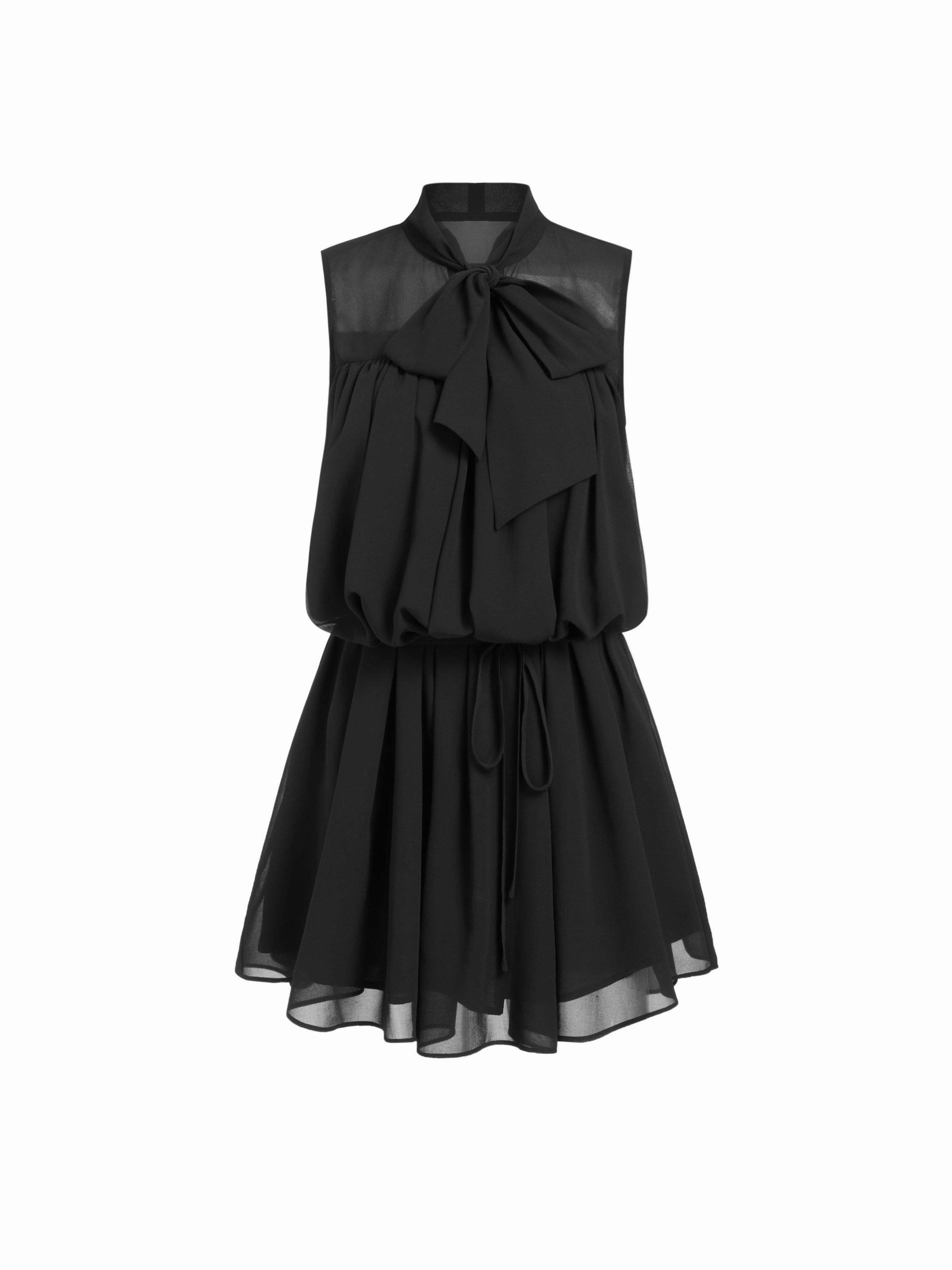 Chiffon Stand Collar Drawstring Ruffled A-line Mini Dress With Scarf by CIDER