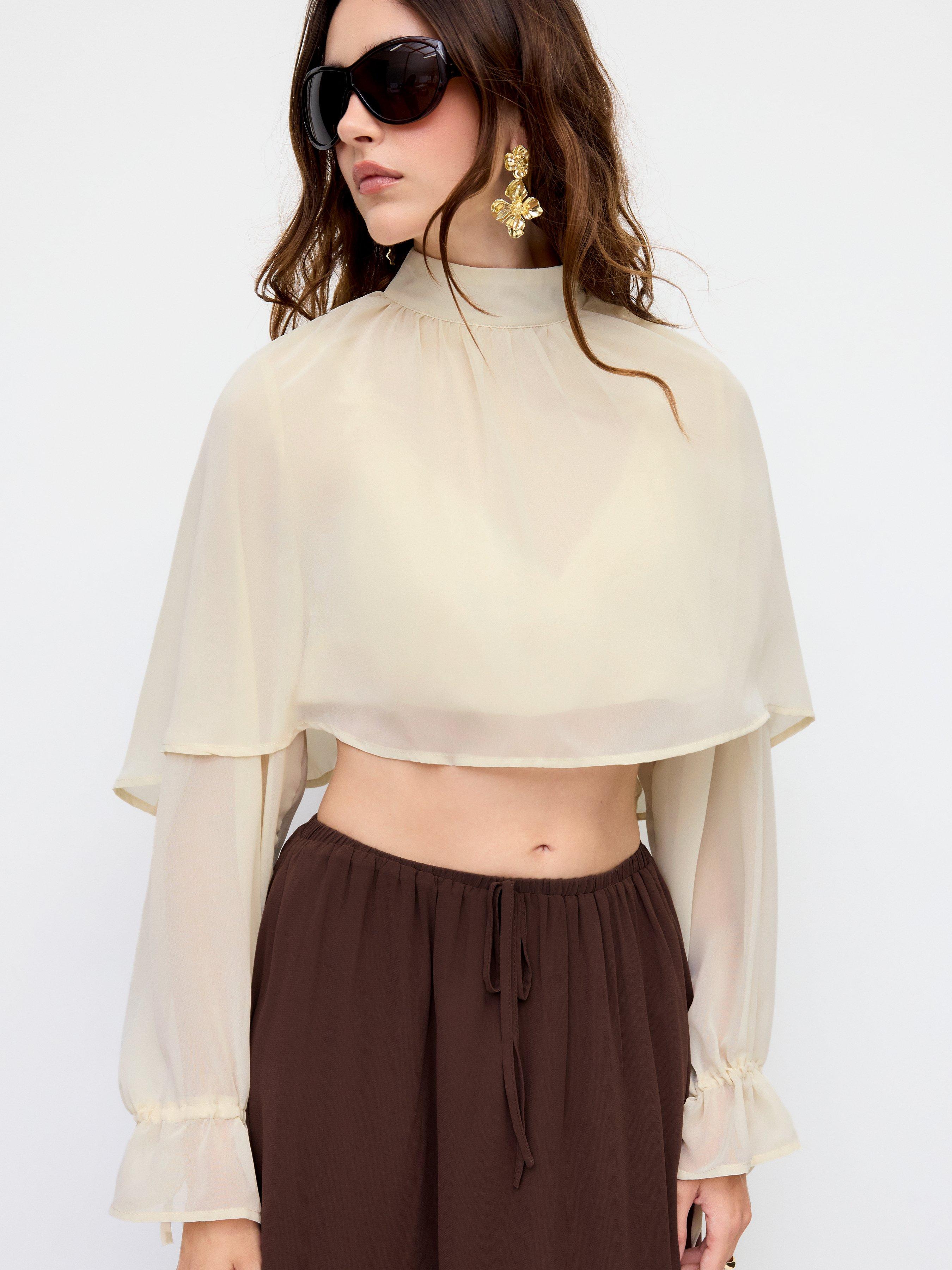 Chiffon Stand Collar Layered Ruffle Sleeve Sheer Crop Blouse by CIDER