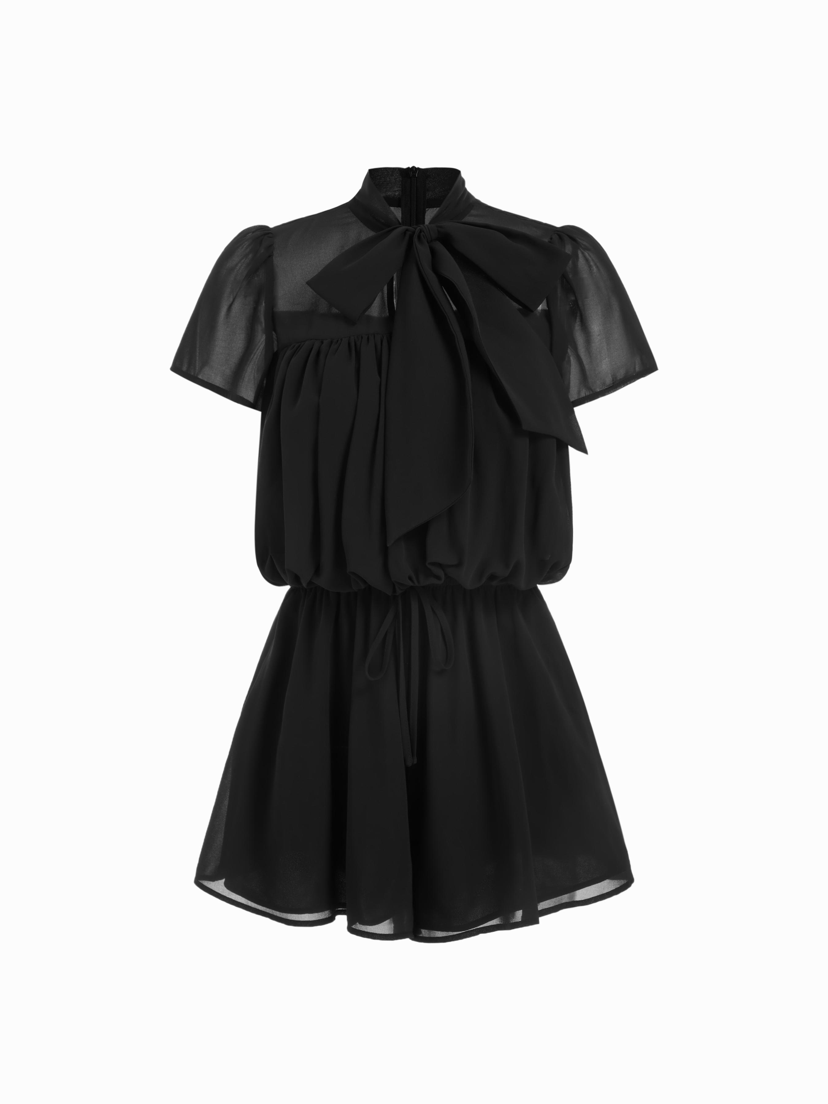 Chiffon Stand Collar Puff Sleeve Bowknot Drawstring Ruffle Romper by CIDER