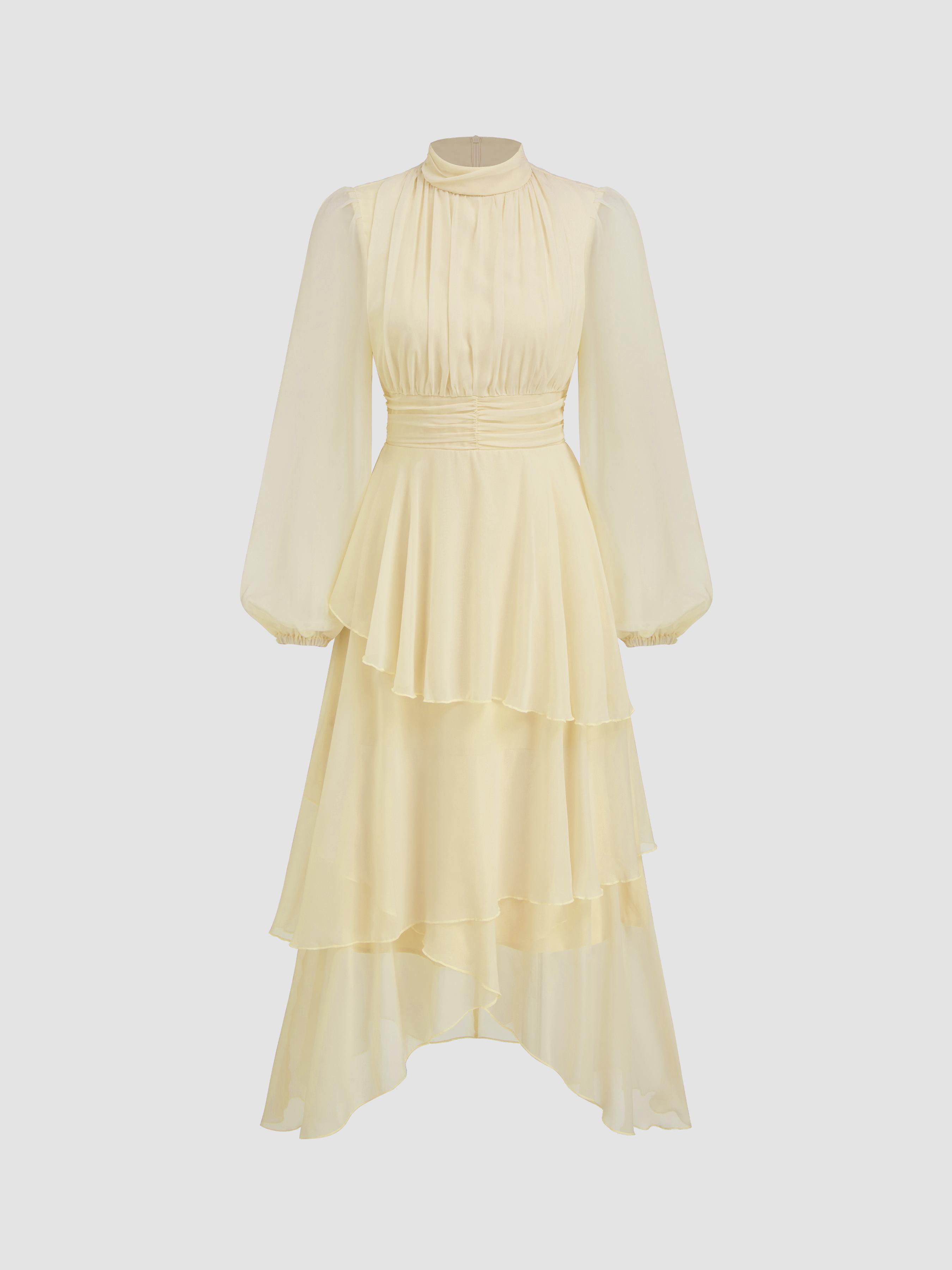 Chiffon Stand Collar Ruched Layered Asymmetrical Hem Maxi Dress by CIDER