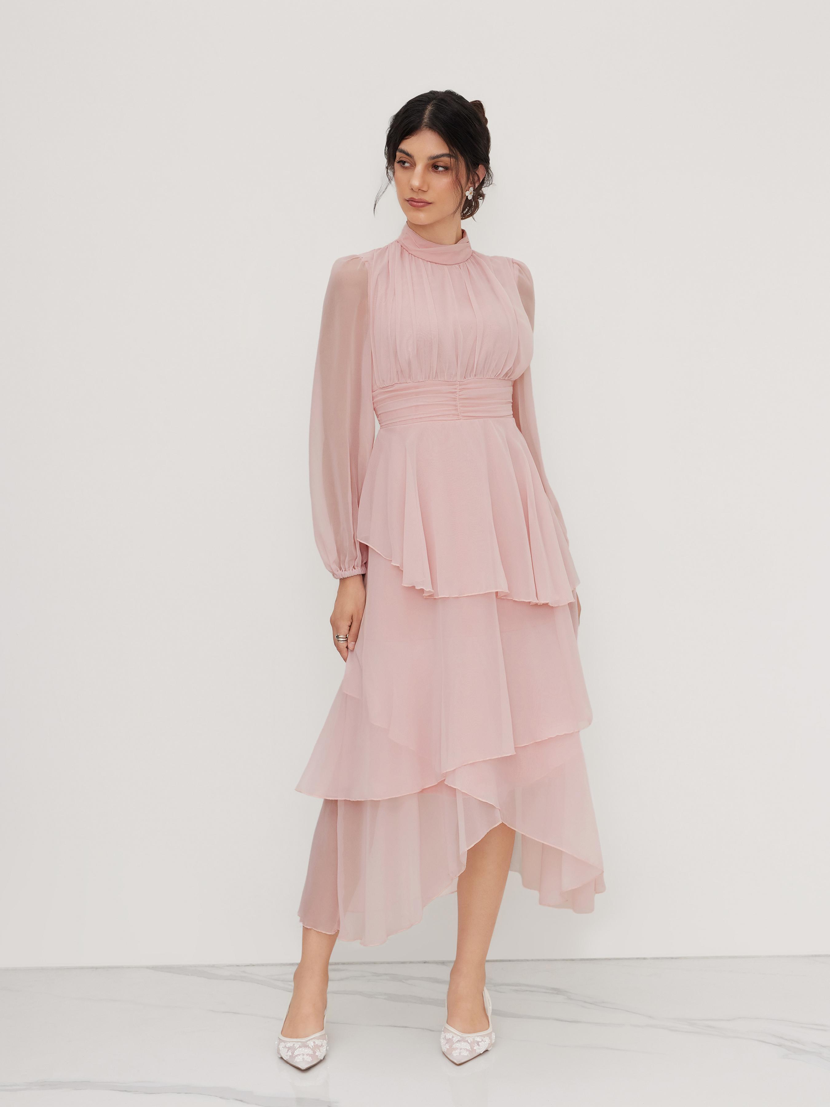 Chiffon Stand Collar Ruched Layered Asymmetrical Hem Maxi Dress by CIDER