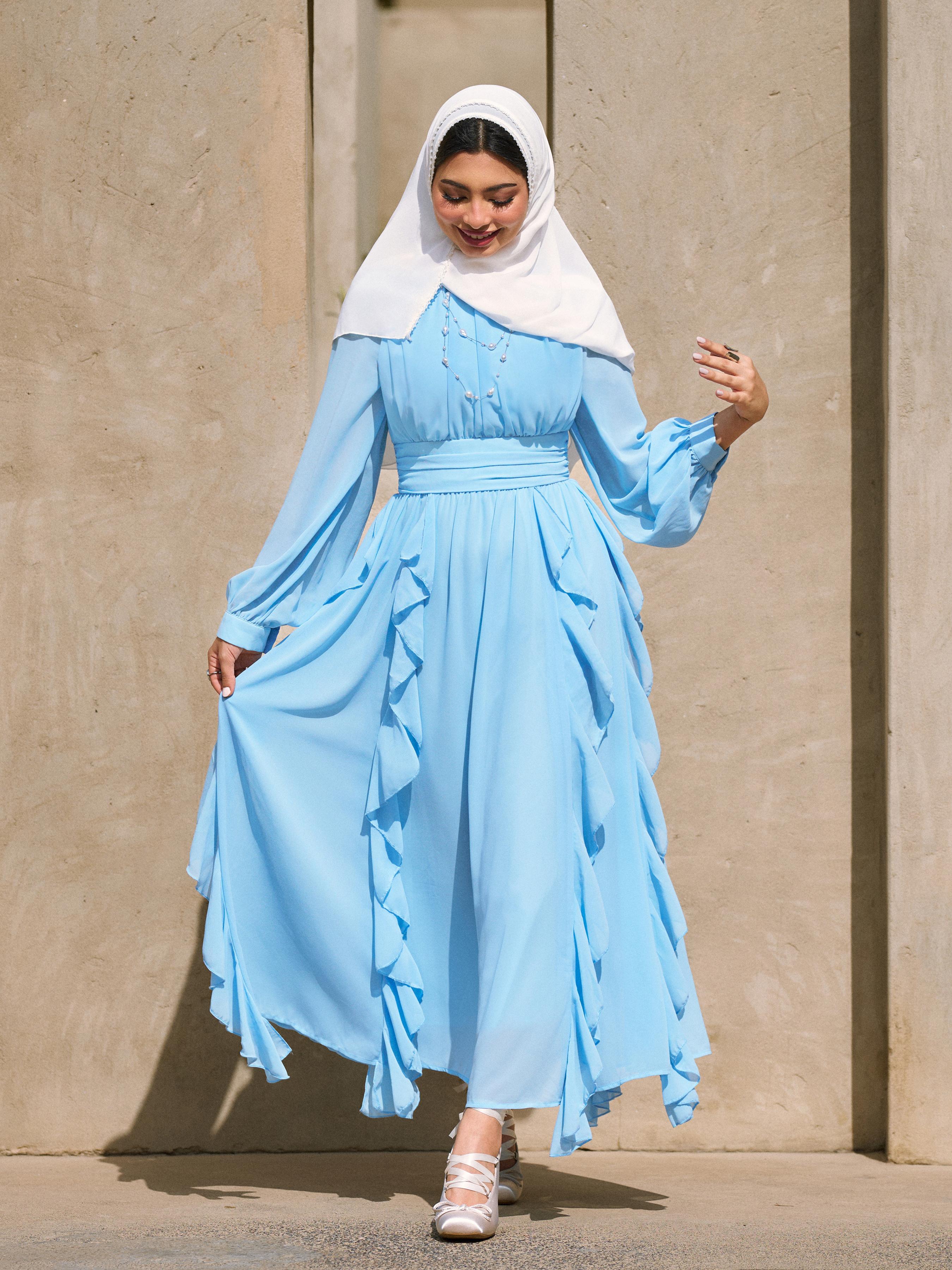 Chiffon Stand Collar Ruffled Lantern Sleeve Flared Maxi Dress by CIDER