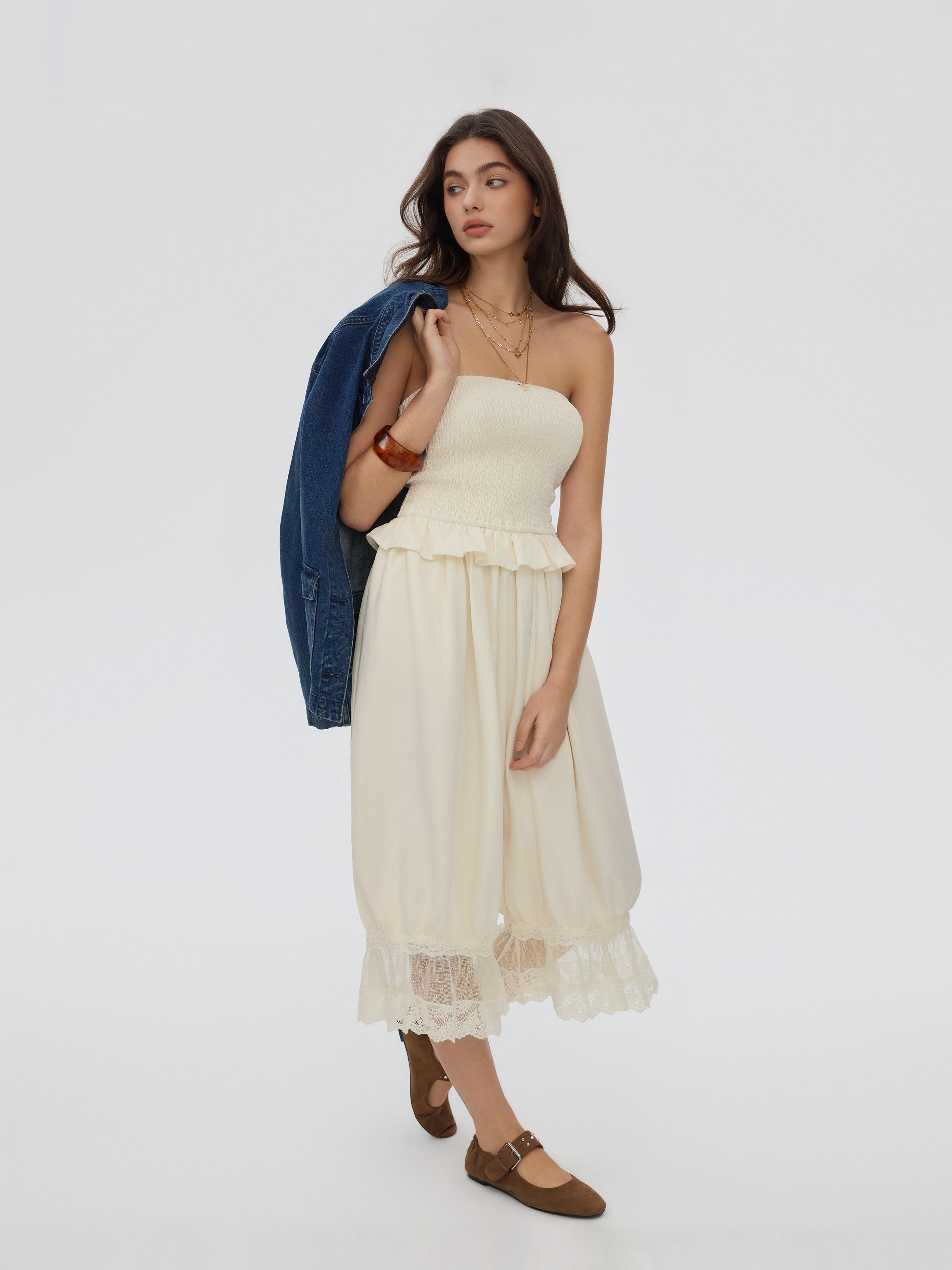 Chiffon Strapless Smocked Waist Lace Trim Bloomer Capri Jumpsuit by CIDER
