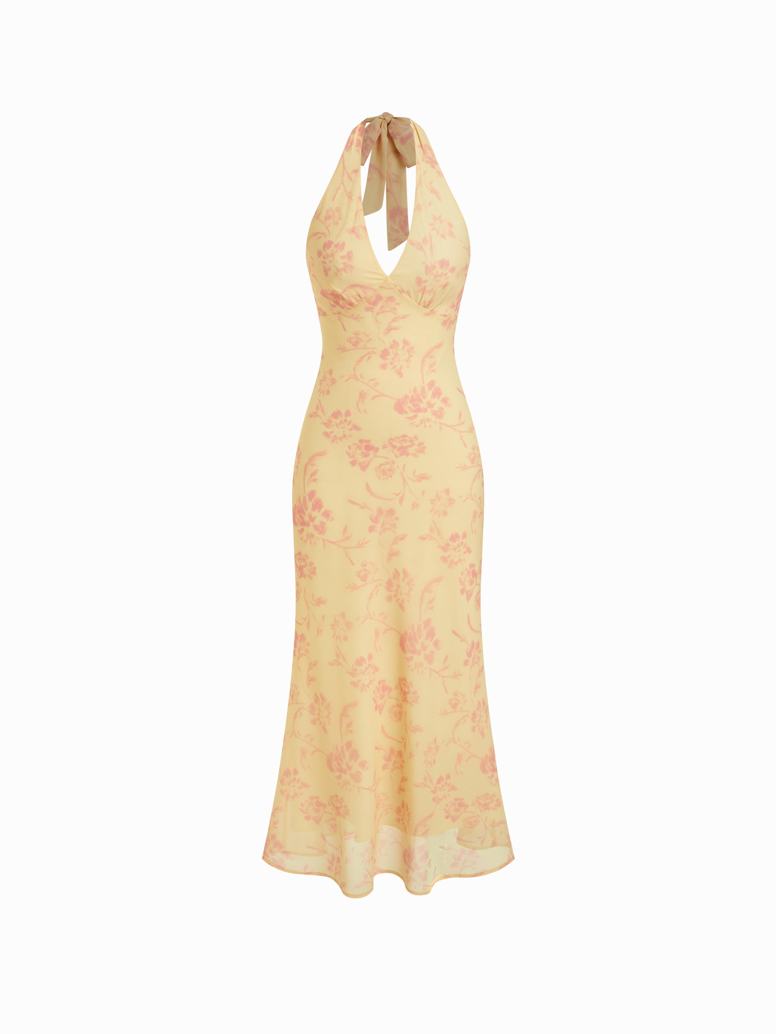 Chiffon Sweetheart Floral Backless Tie Back Mermaid Maxi Dress by CIDER