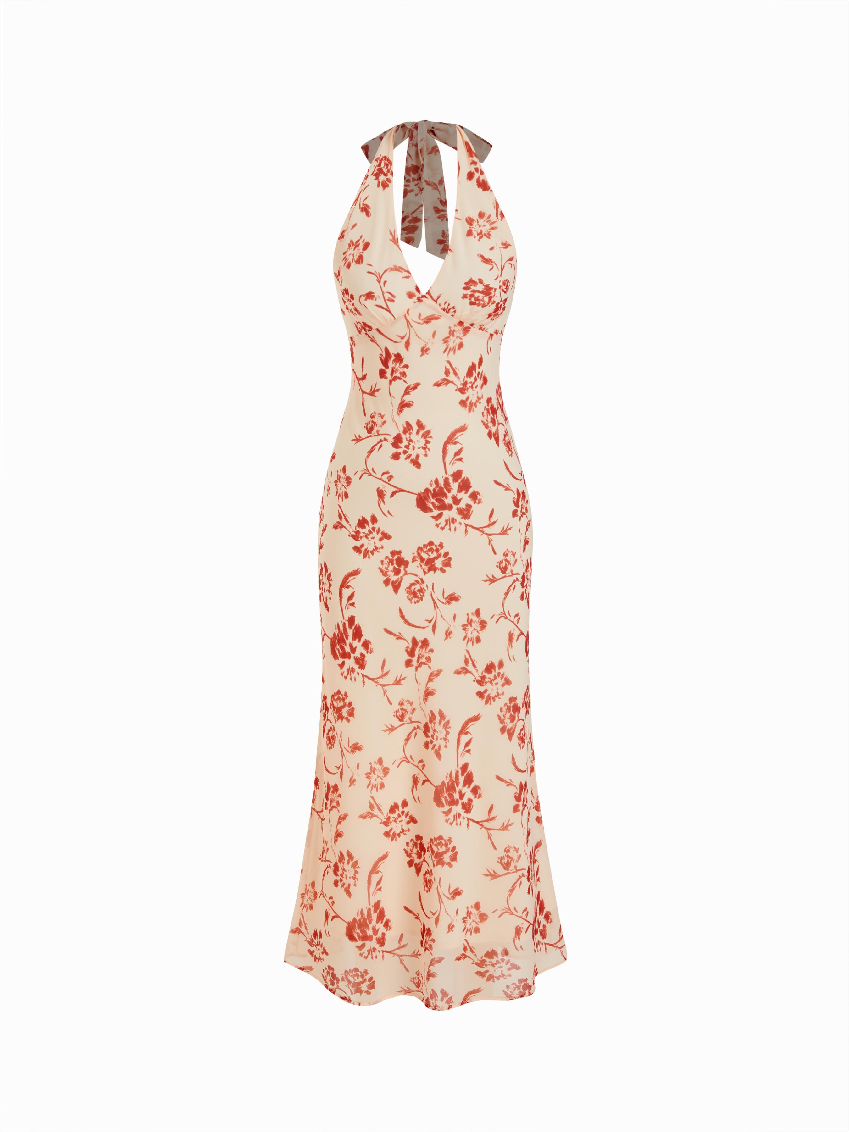 Chiffon Sweetheart Floral Backless Tie Back Mermaid Maxi Dress by CIDER