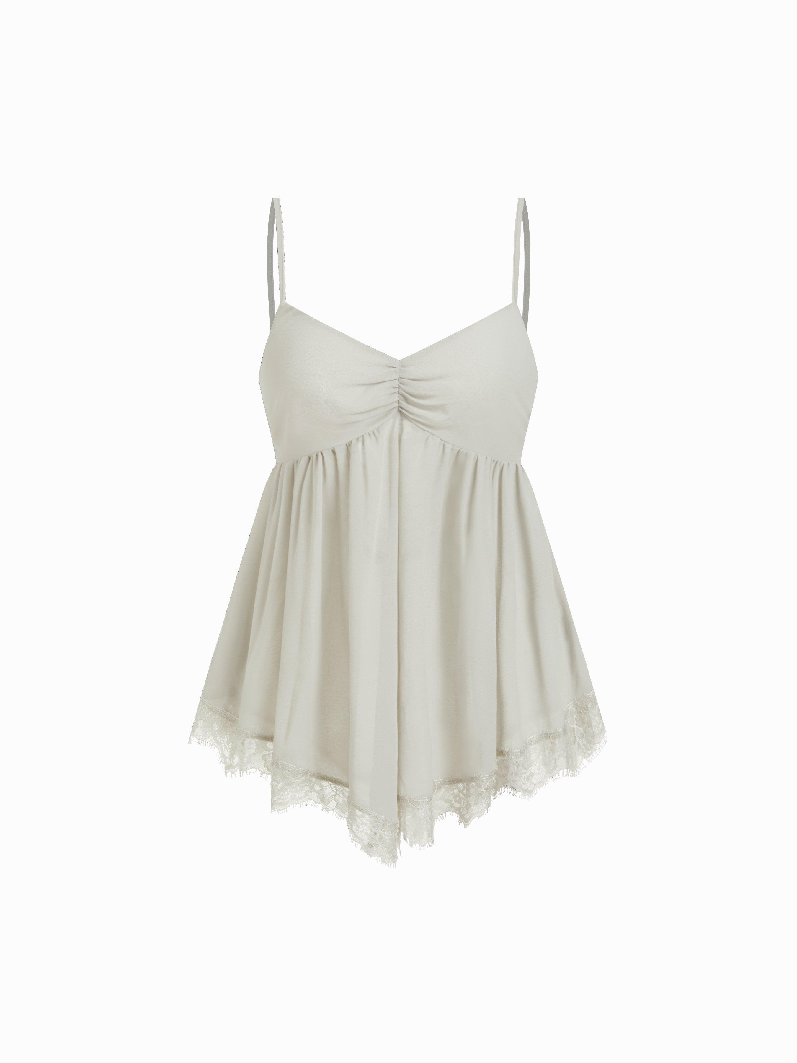 Chiffon Sweetheart Ruched Lace Trim Cami Blouse by CIDER