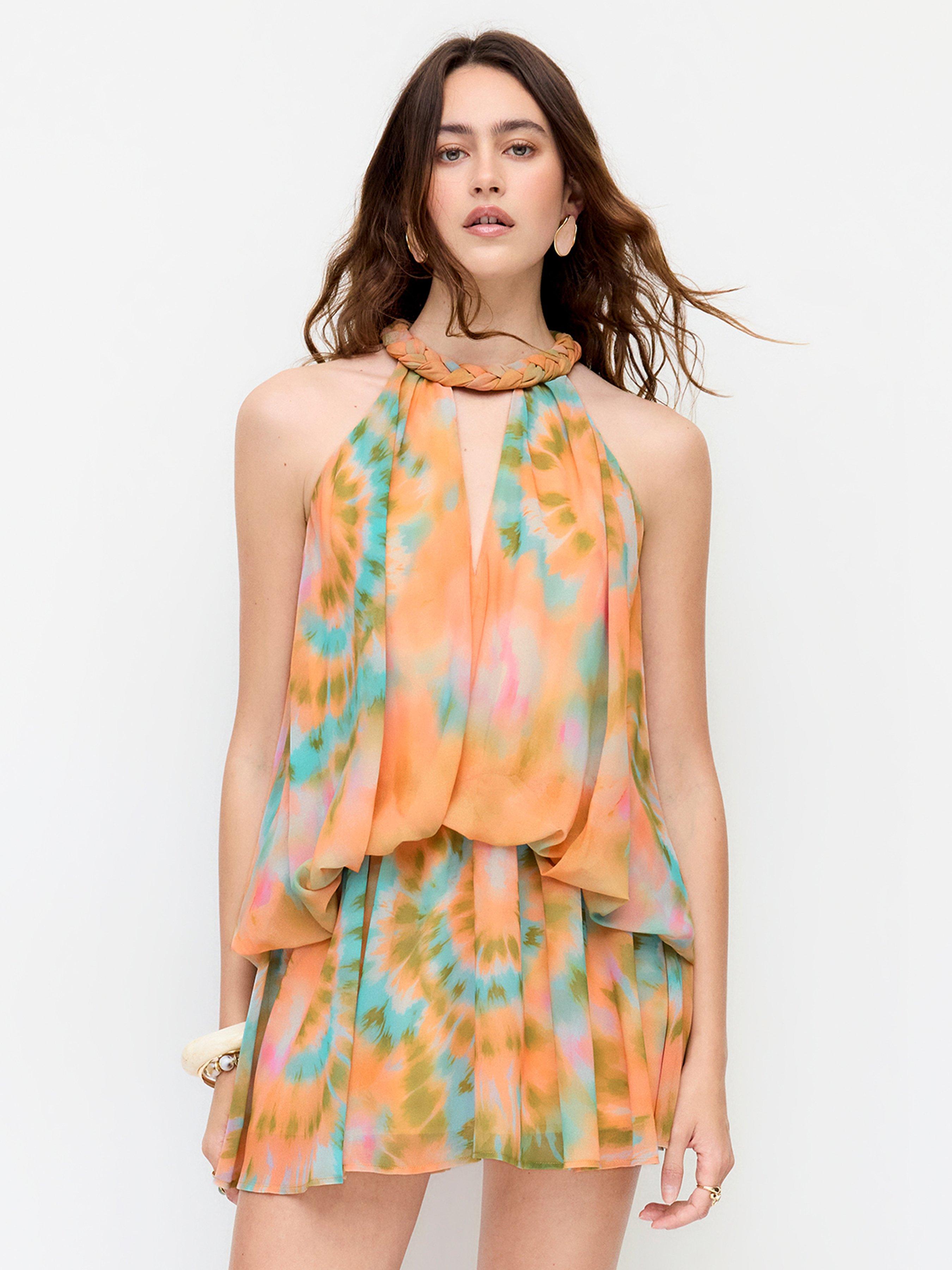 Chiffon Tie Dye Twist Knotted Halter Neck Flared Mini Dress by CIDER