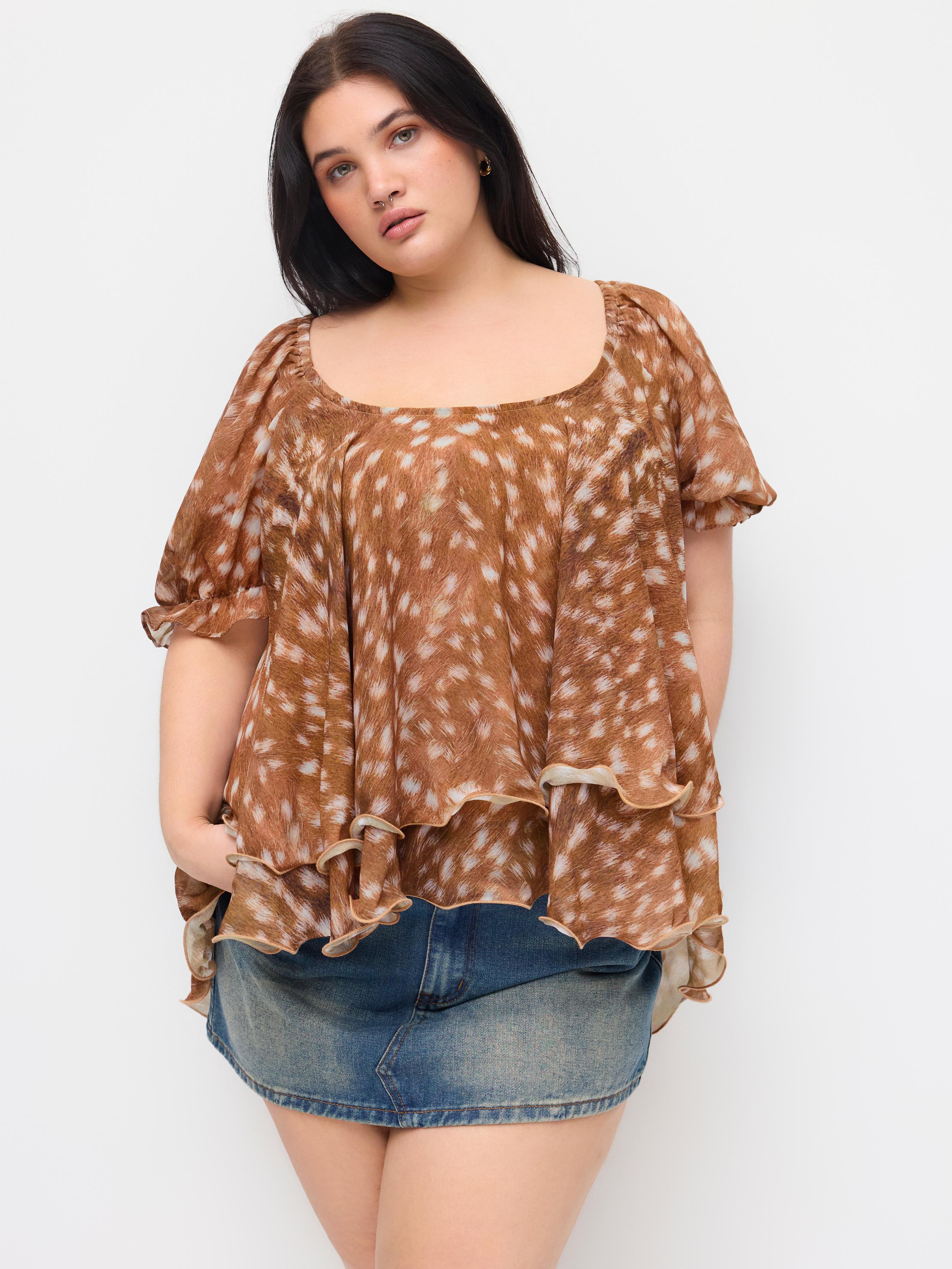 Chiffon U-neckline Deer Print Tie Back Ruffle Puff Sleeve Blouse  Curve & Plus by CIDER