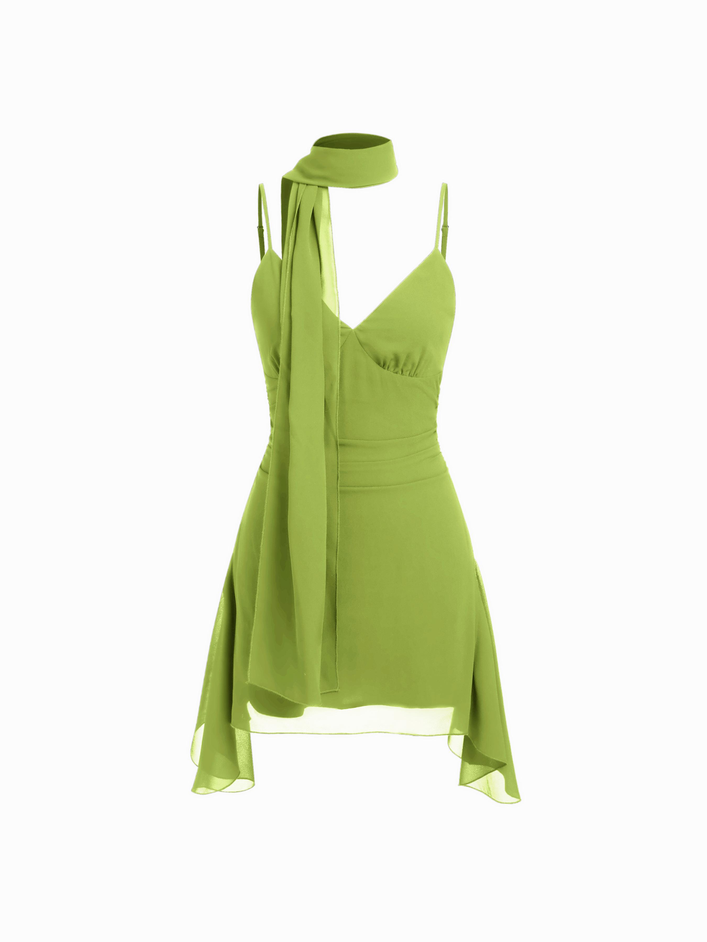 Chiffon V-Neck A-line Mini Dress With Scarf by CIDER