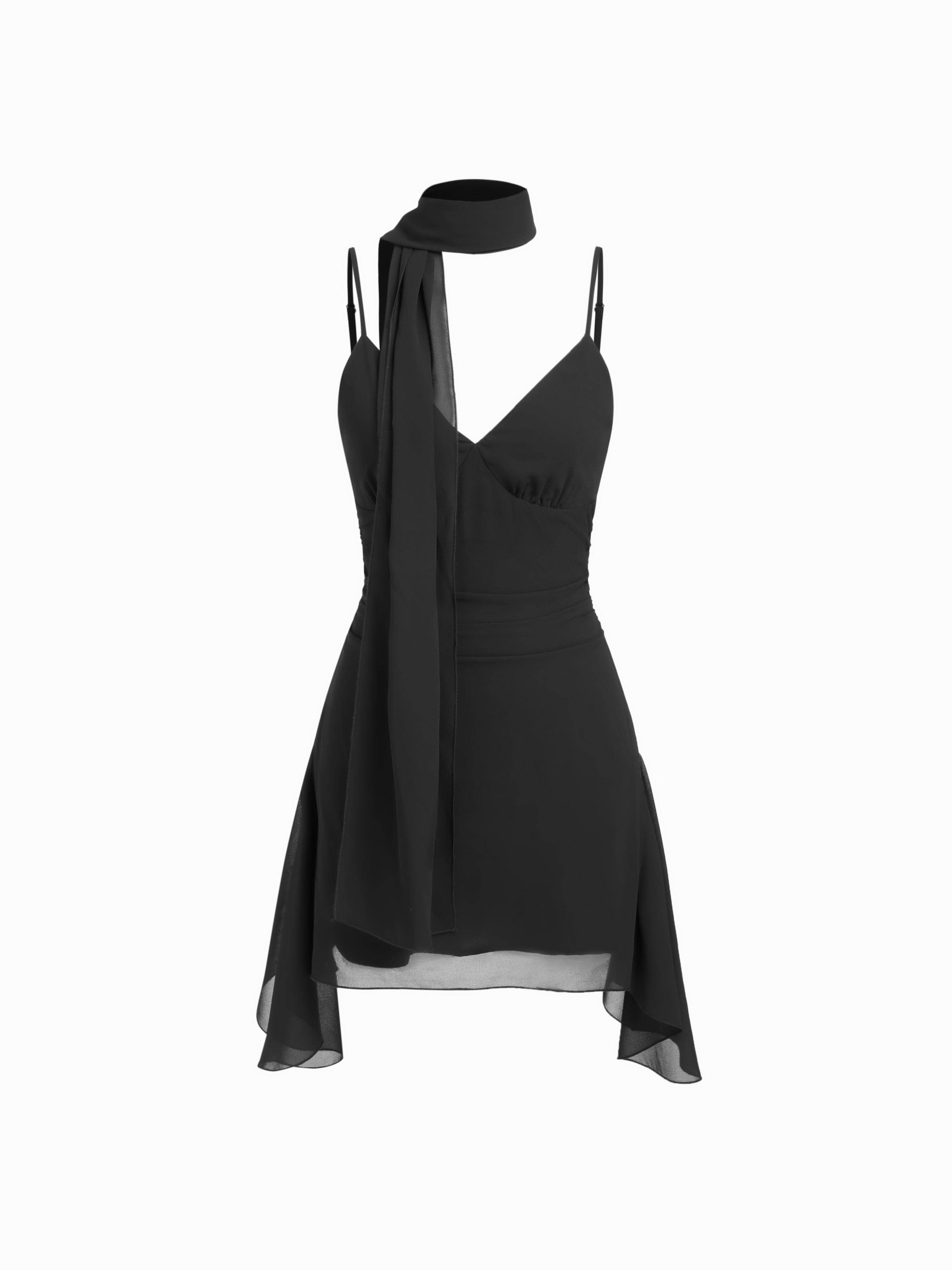 Chiffon V-Neck A-line Mini Dress With Scarf by CIDER Chiffon V-Neck A-line Mini Dress With Scarf by CIDER