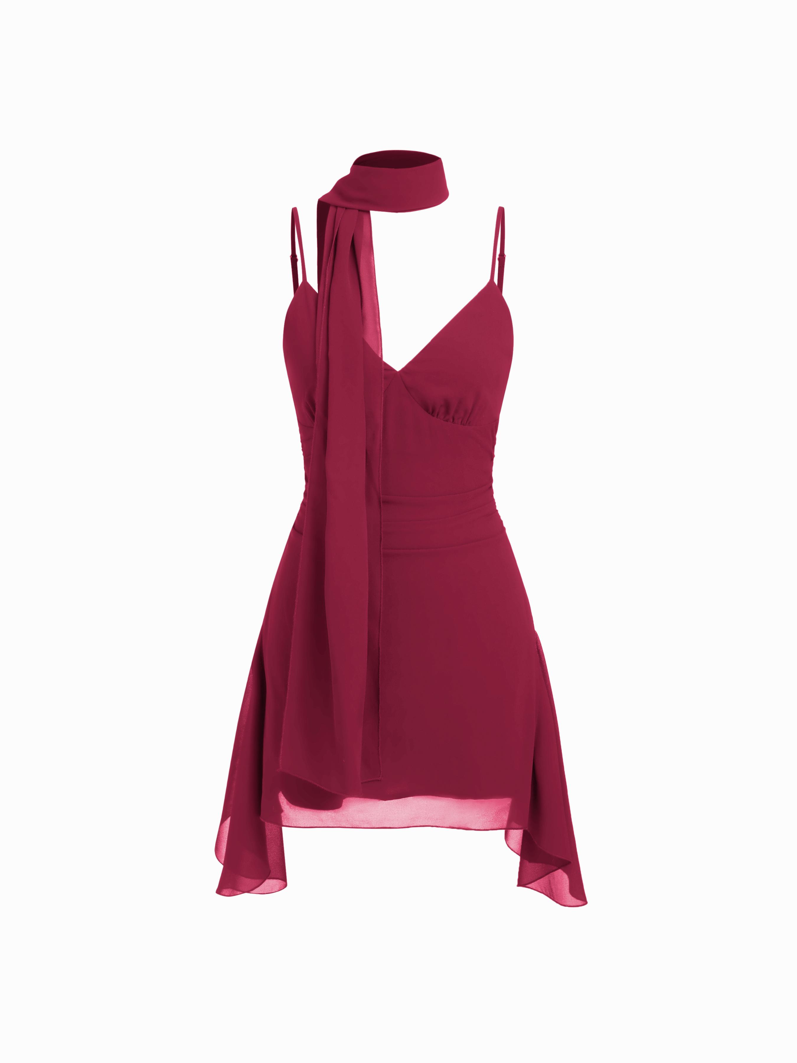 Chiffon V-Neck A-line Mini Dress With Scarf by CIDER