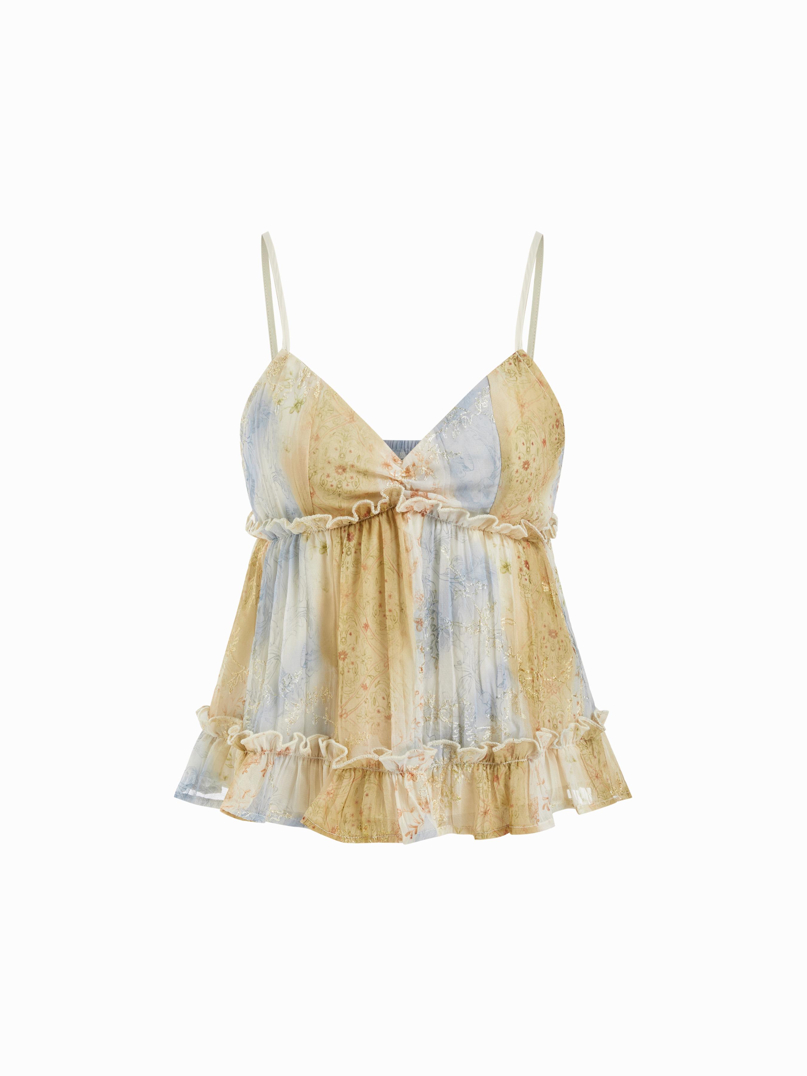 Chiffon V-Neck Abstract Floral Ruffle Crop Cami Top by CIDER