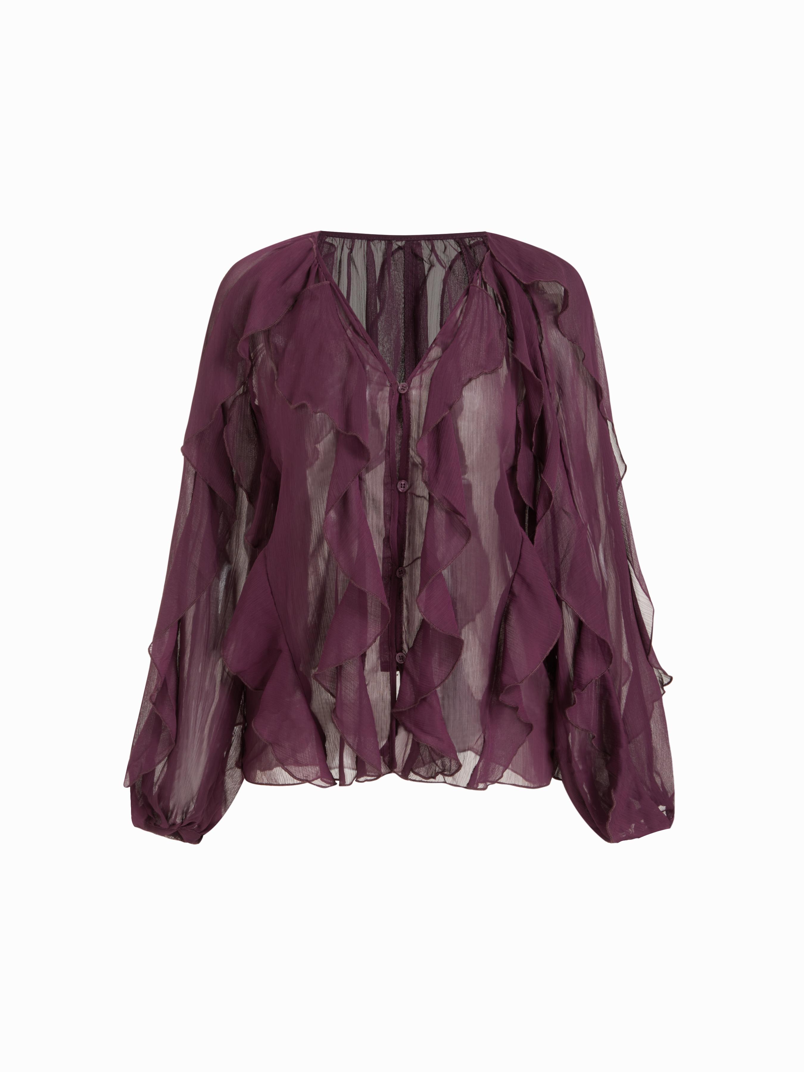 Chiffon V-neck Button Ruffle Oversized Long Sleeve Blouse by CIDER