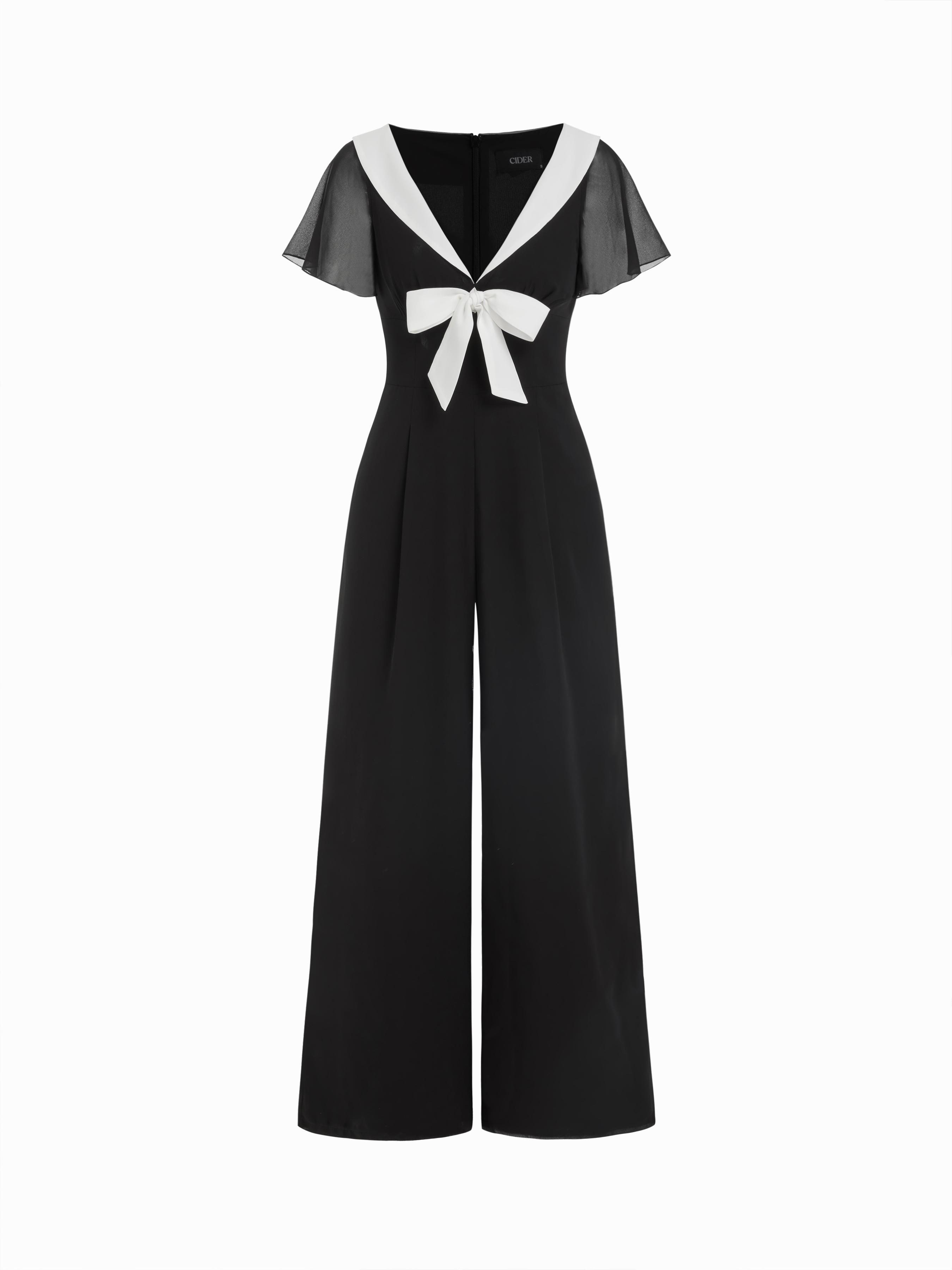 Chiffon V-neck Colorblock Ruffle Sleeve Bowknot Ruched Wide Leg Jumpsuit by CIDER