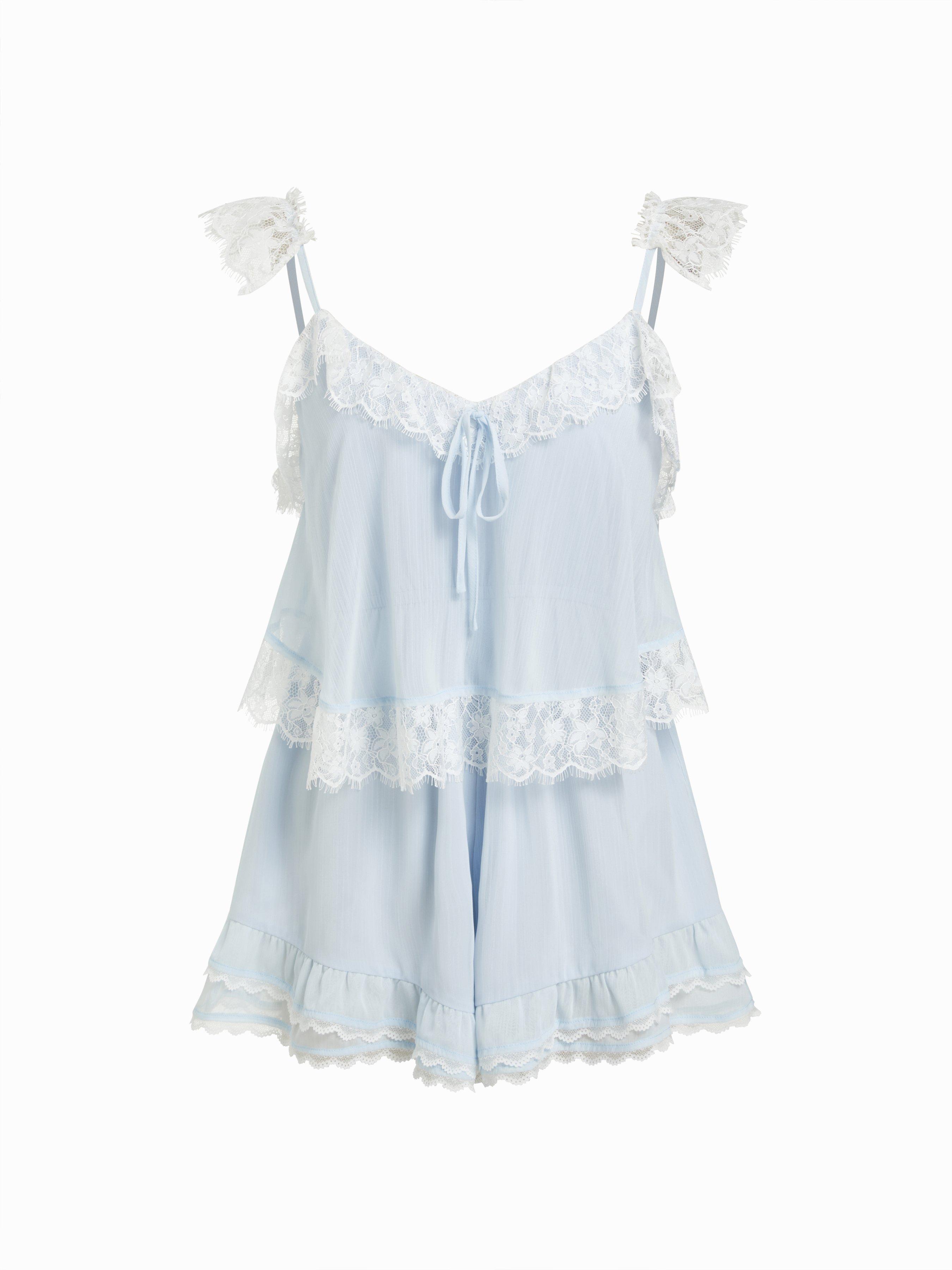 Chiffon V-neck Lace Panel Knotted Ruffle Sleeve Oversized Romper by CIDER