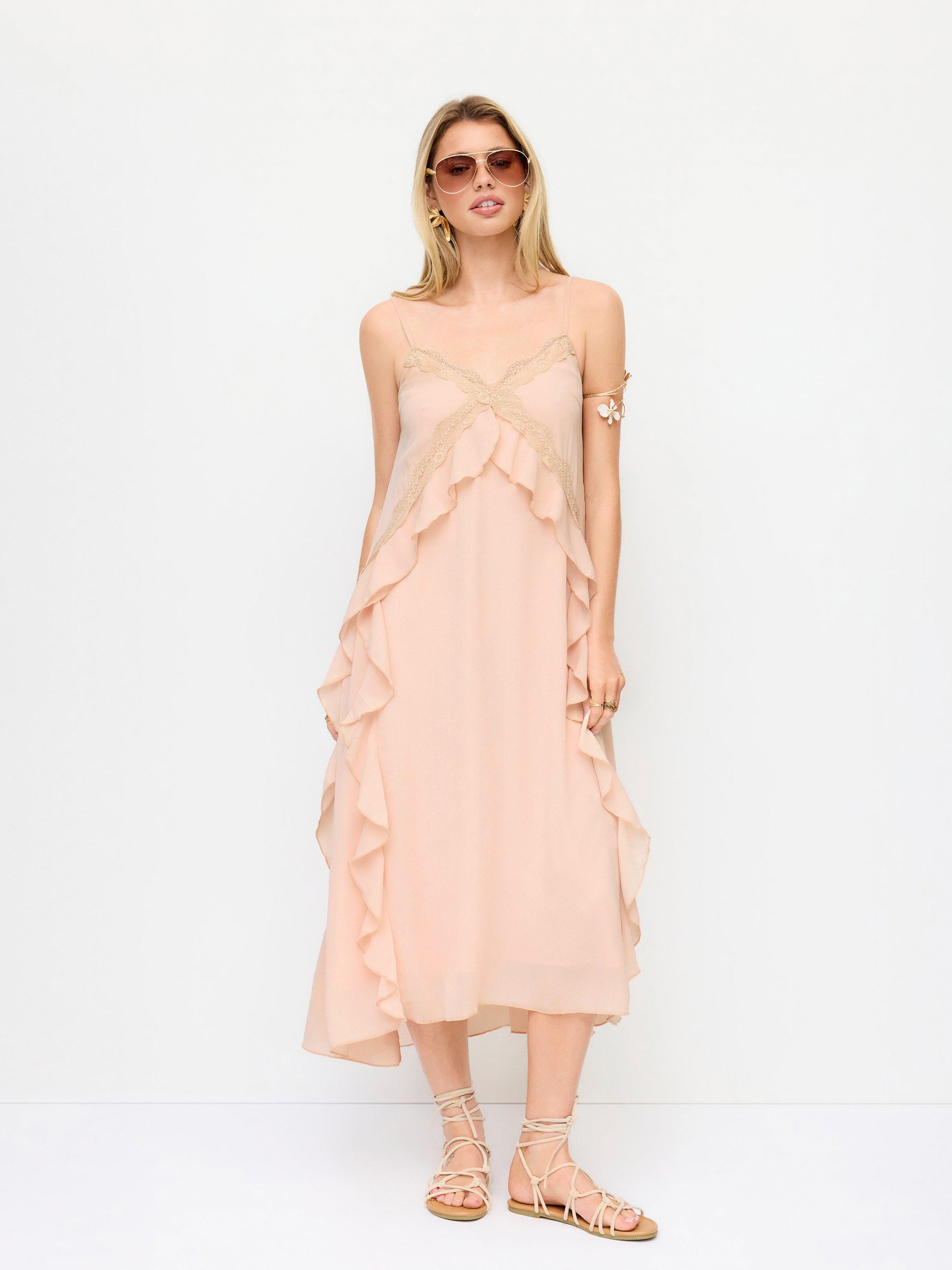 Chiffon V-neck Lace Trim Ruffled Straight Maxi Dress by CIDER