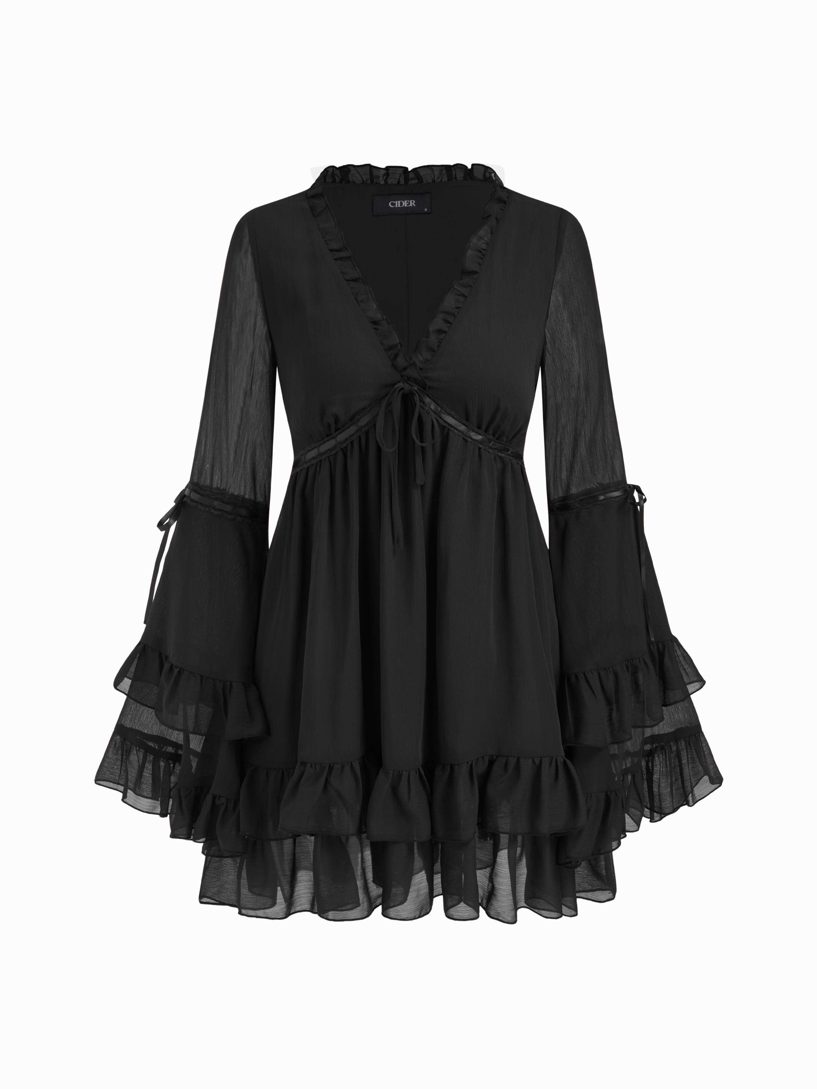 Chiffon V-neck Lettuce Trim Bowknot Ruffle Mini Dress by CIDER
