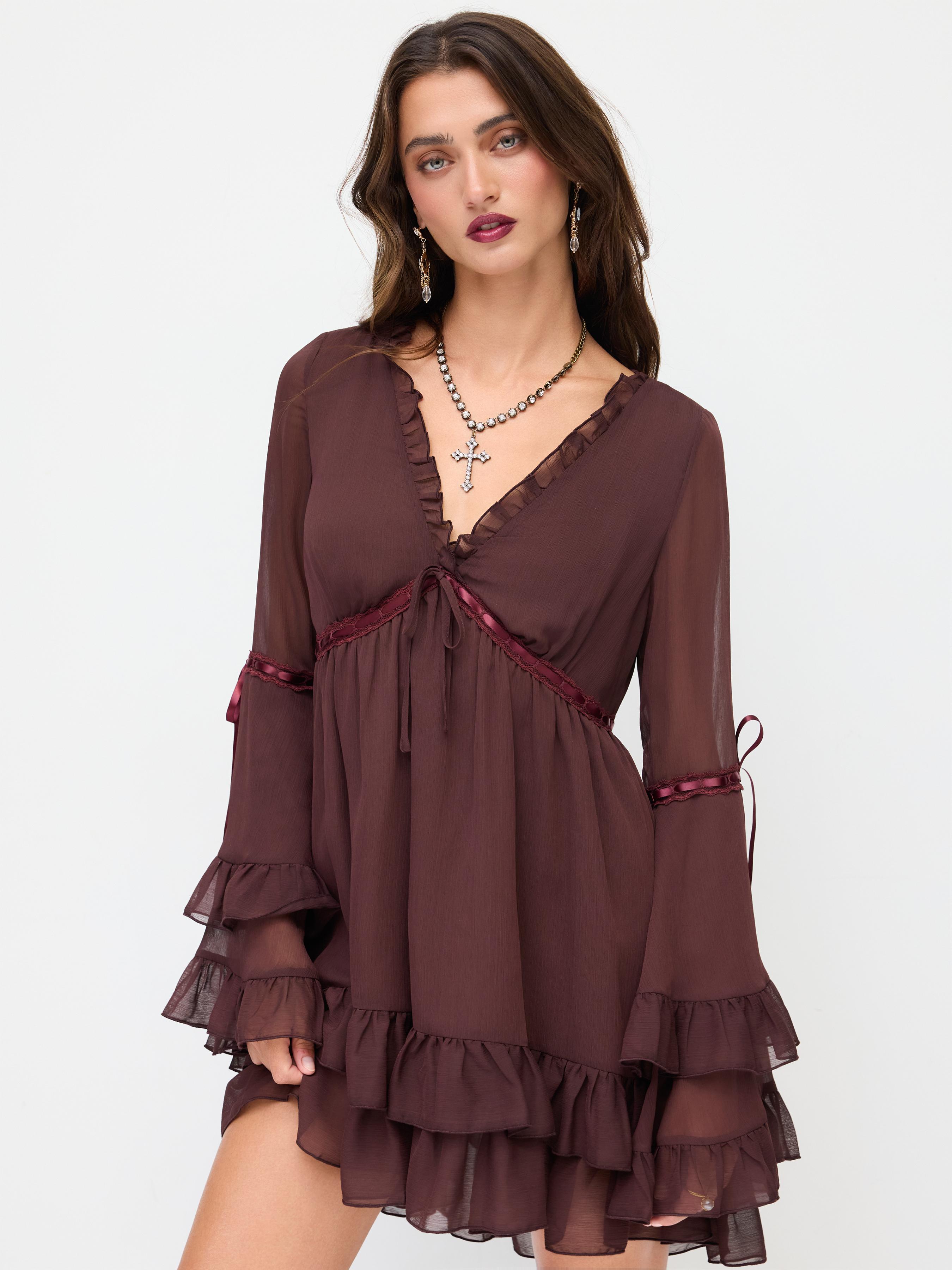 Chiffon V-neck Lettuce Trim Bowknot Ruffle Mini Dress by CIDER
