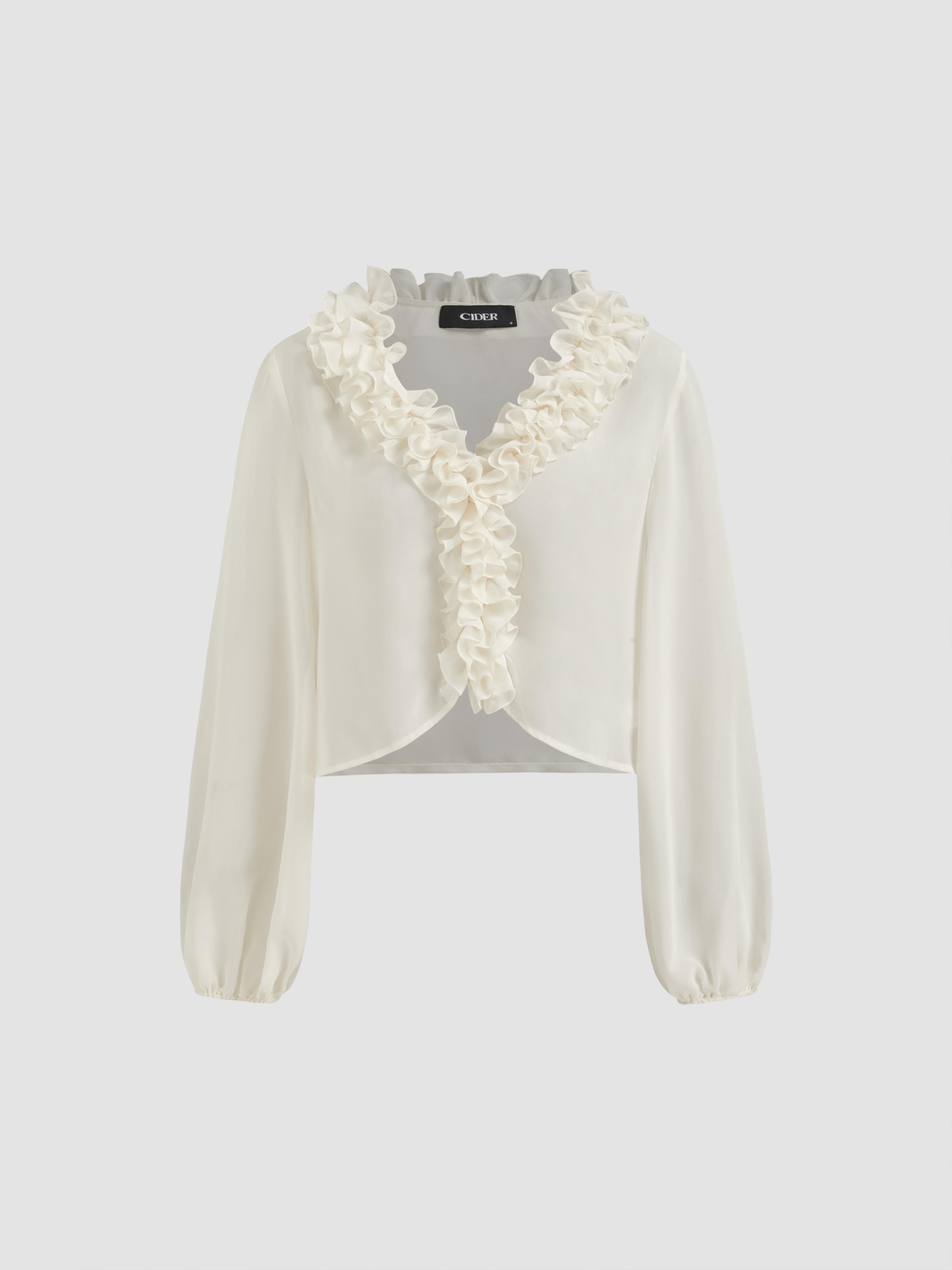 Chiffon V-neck Lettuce Trim Ruffle Lantern Sleeve Blouse by CIDER