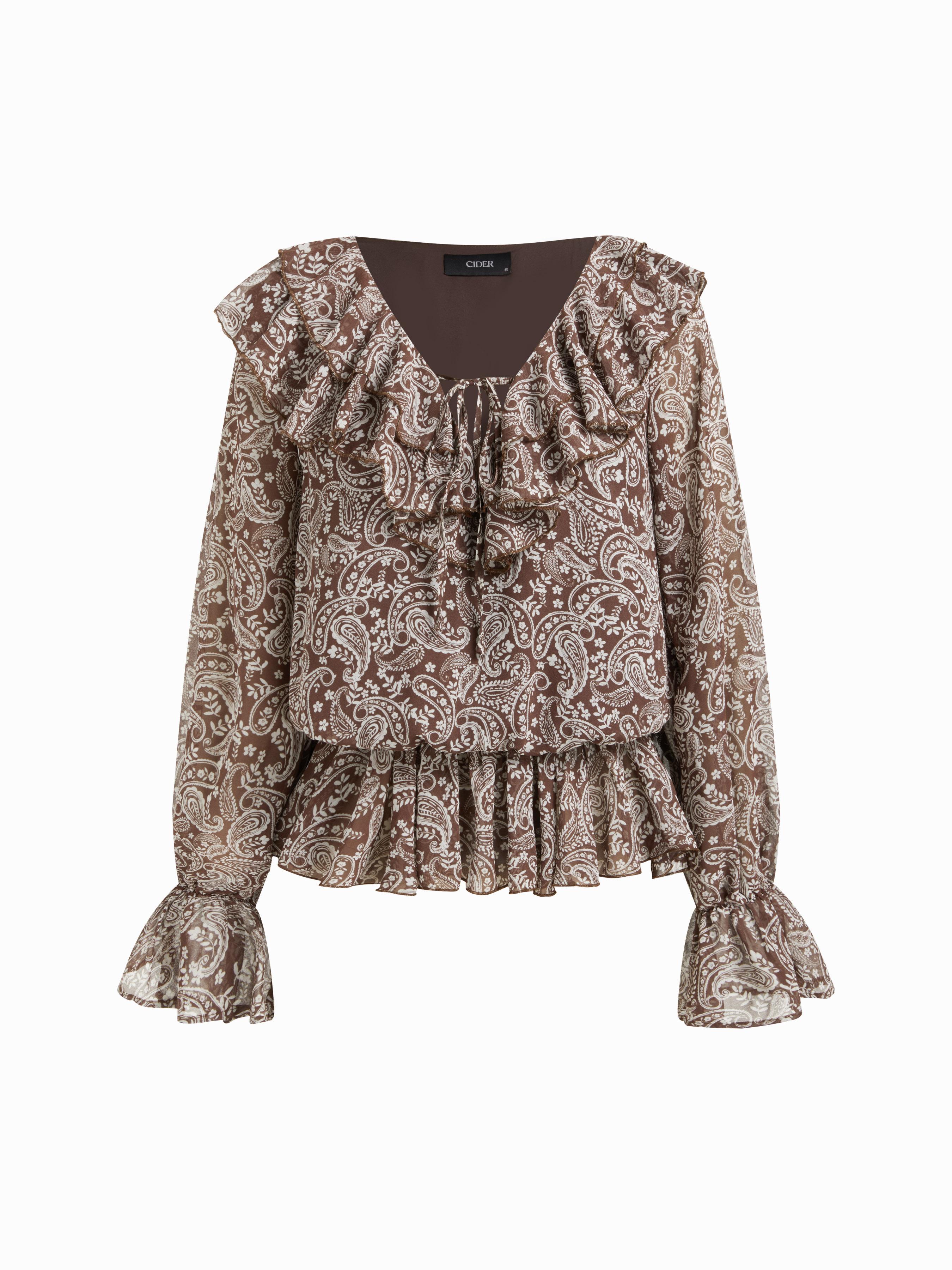 Chiffon V-neck Paisley Knotted Ruffle Sleeve Oversized Blouse by CIDER