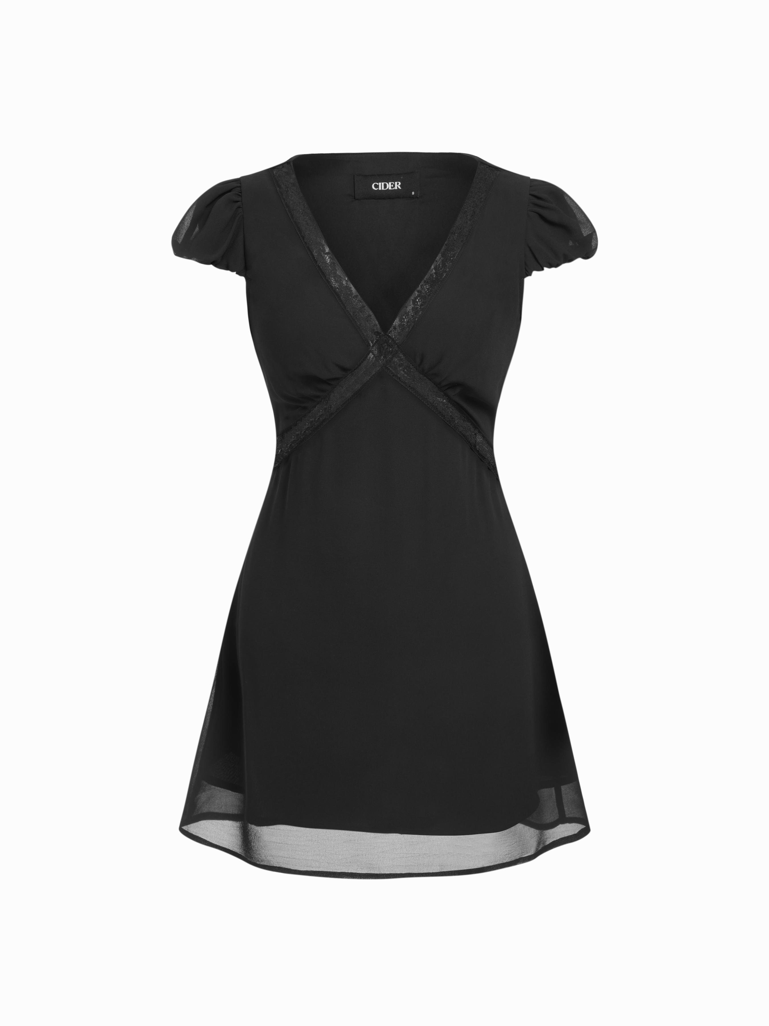 Chiffon V-neck Puff Sleeve Lace Panel A-line Mini Dress by CIDER