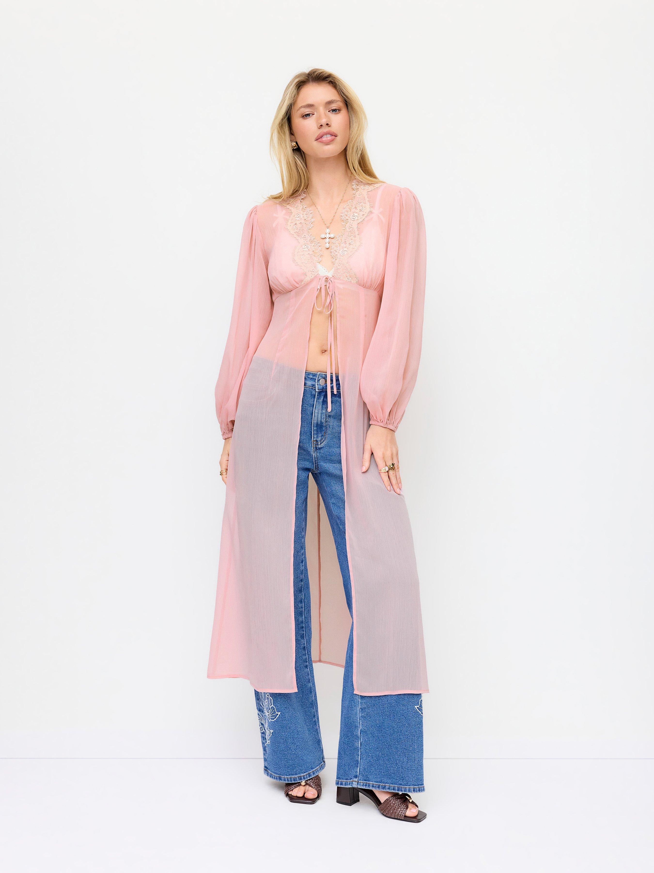 Chiffon V-neck Puff Sleeve Lace Panel Long Sleeve Blouse by CIDER