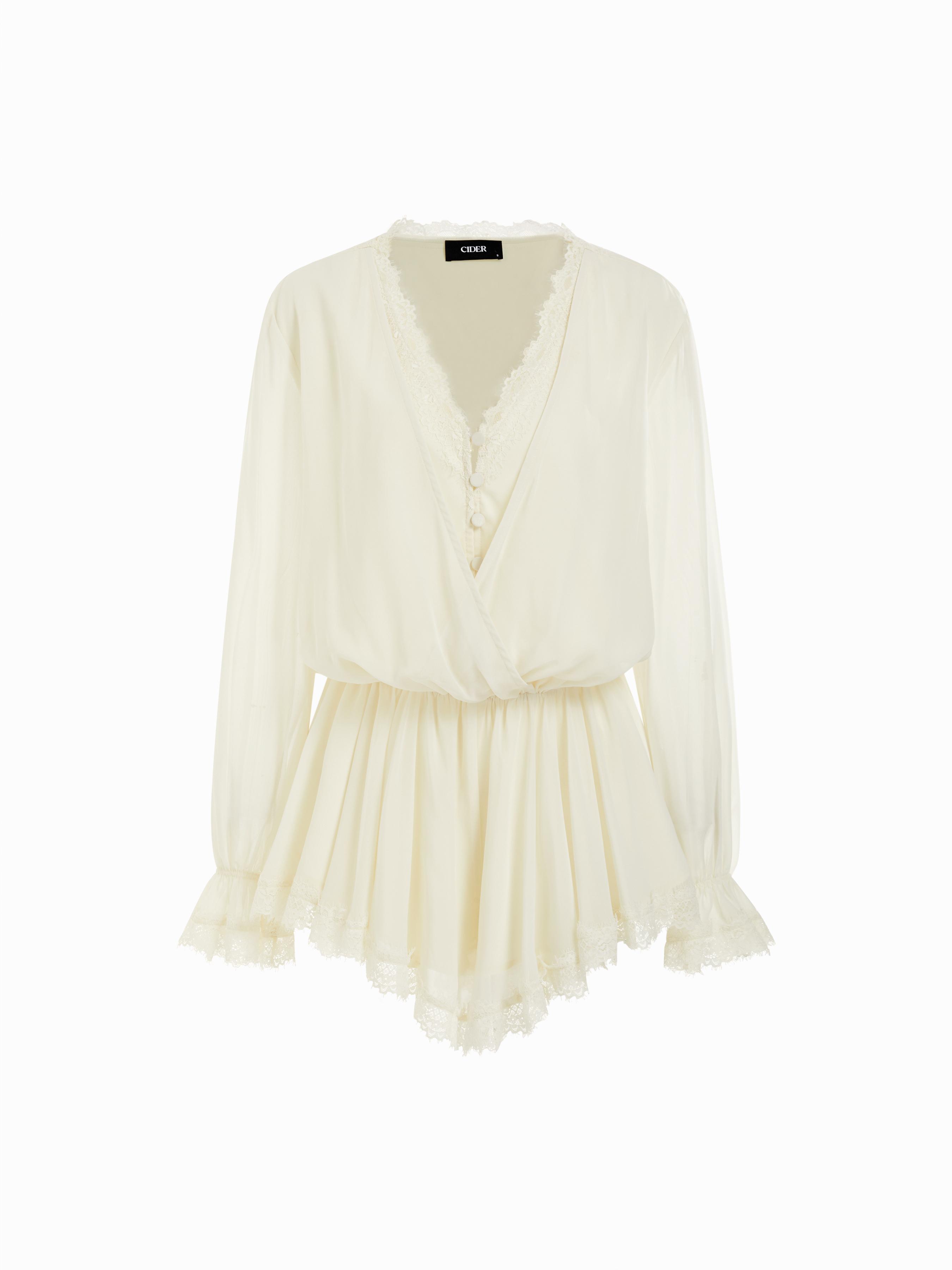 Chiffon V-neck Puff Sleeve Ruched Lace Trim Romper by CIDER
