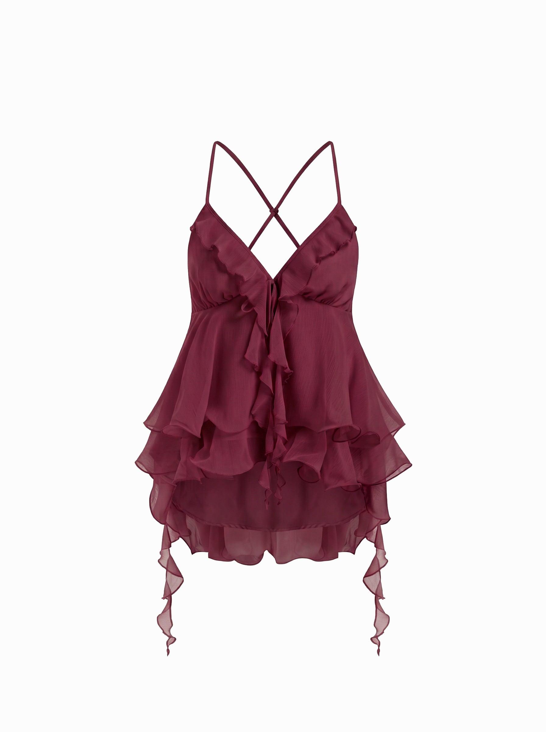 Chiffon V-neck Ruffle Hem Layered Blouse by CIDER