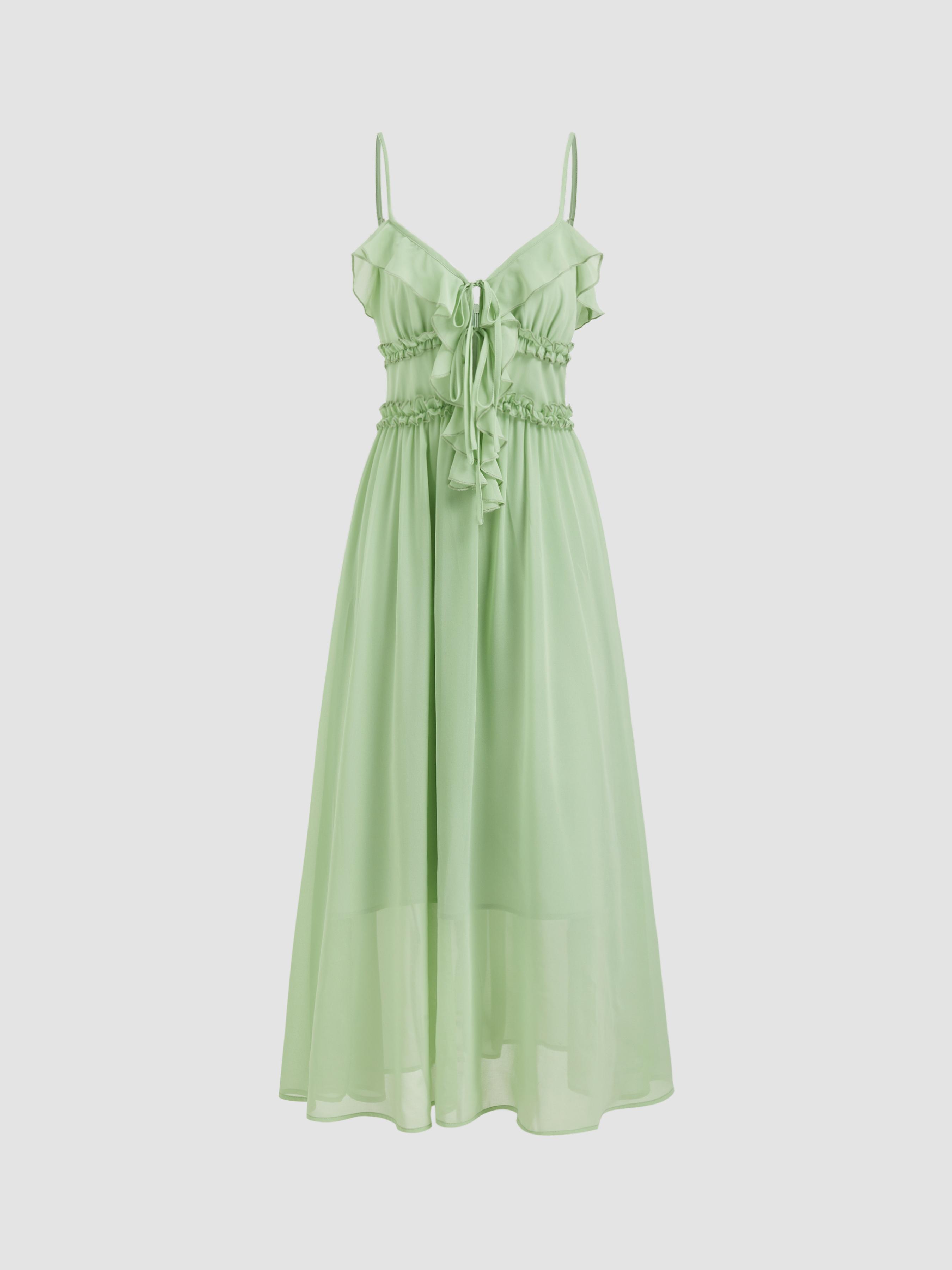 Chiffon V-neck Ruffle Lettuce Trim Knotted Maxi Dress by CIDER