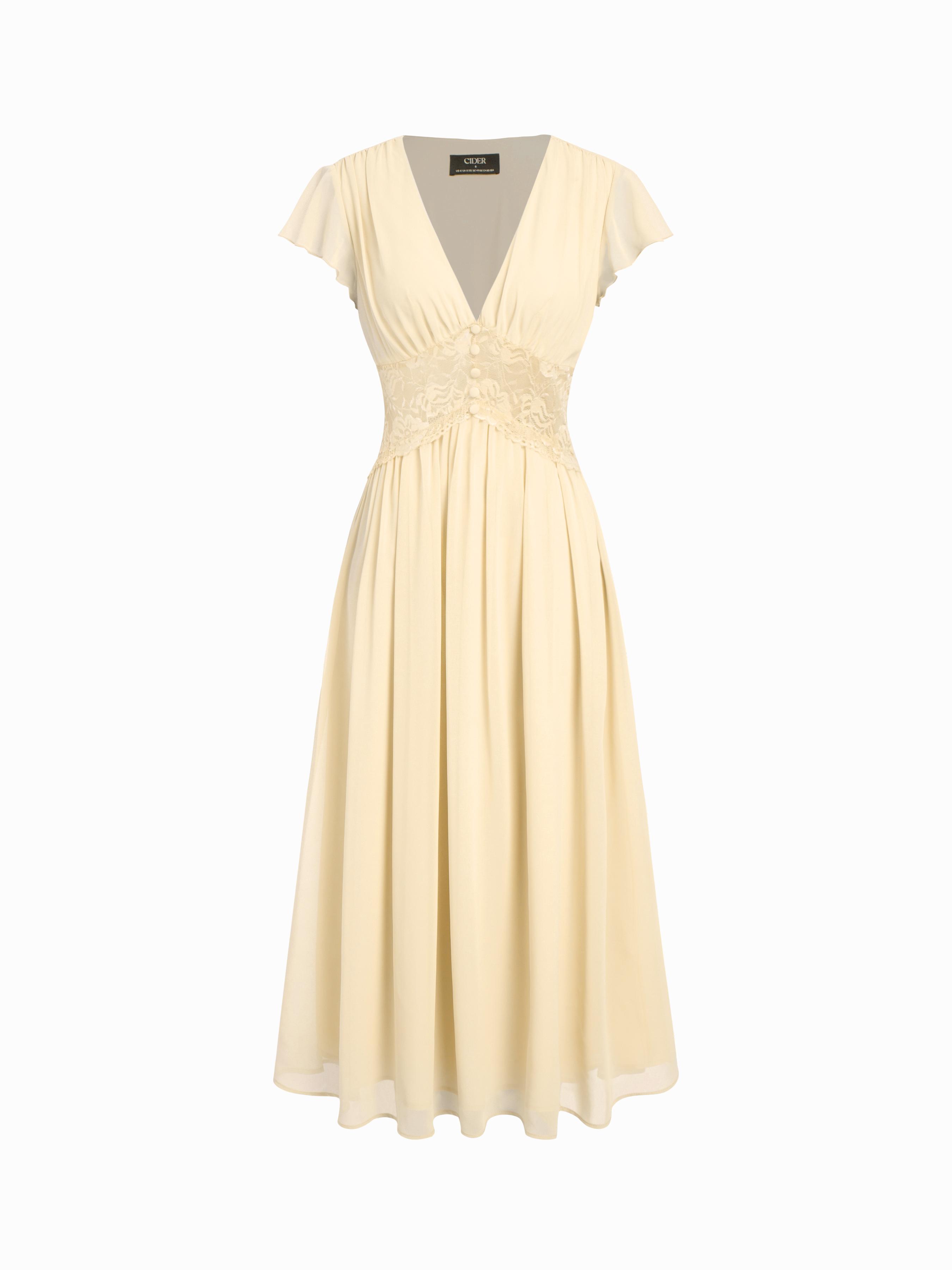 Chiffon V-neck Ruffle Sleeve Lace Detail Draped Flared Maxi Dress by CIDER
