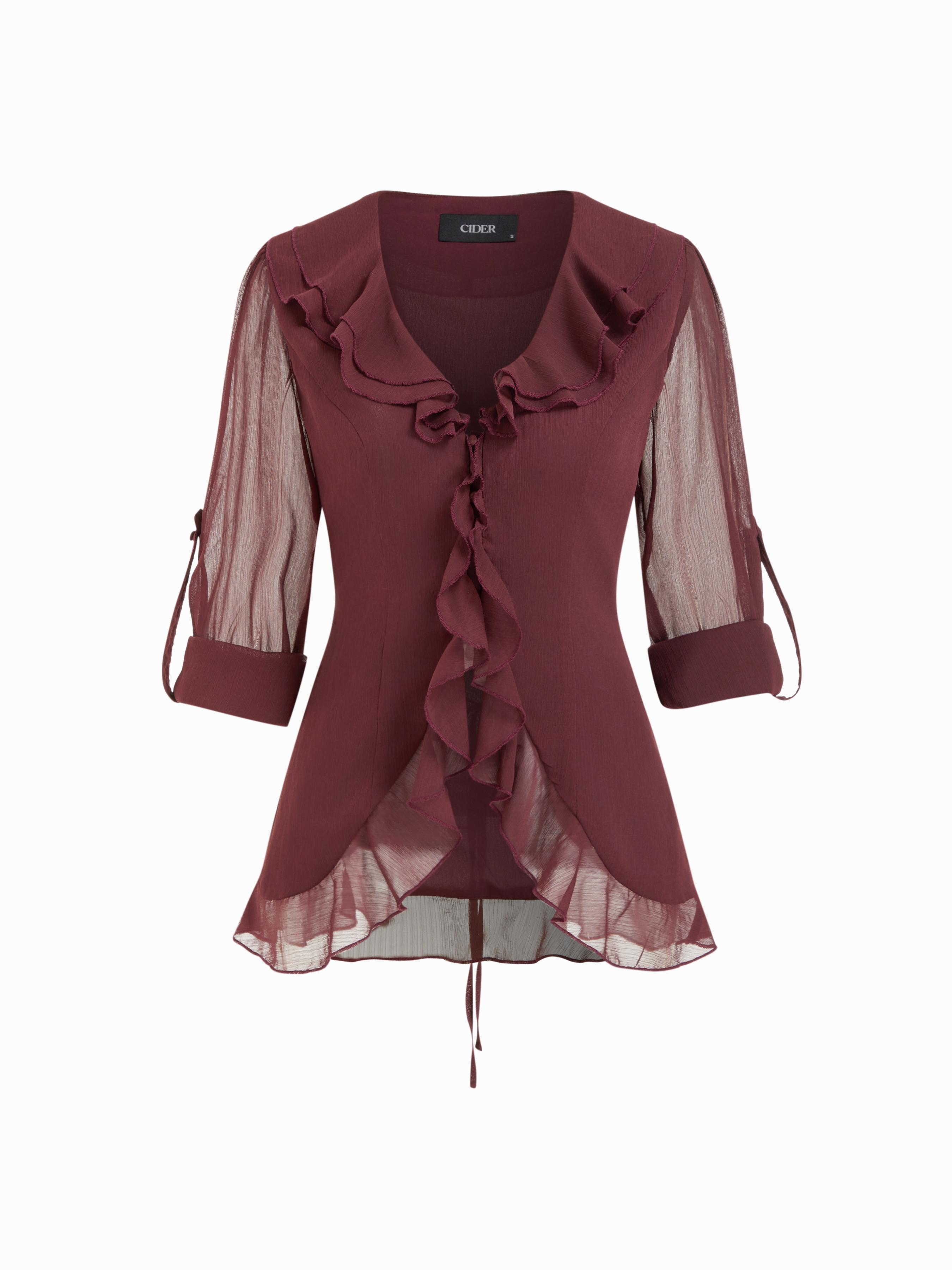 Chiffon V-neck Tie Back Lettuce Trim Ruffle See-through Blouse by CIDER