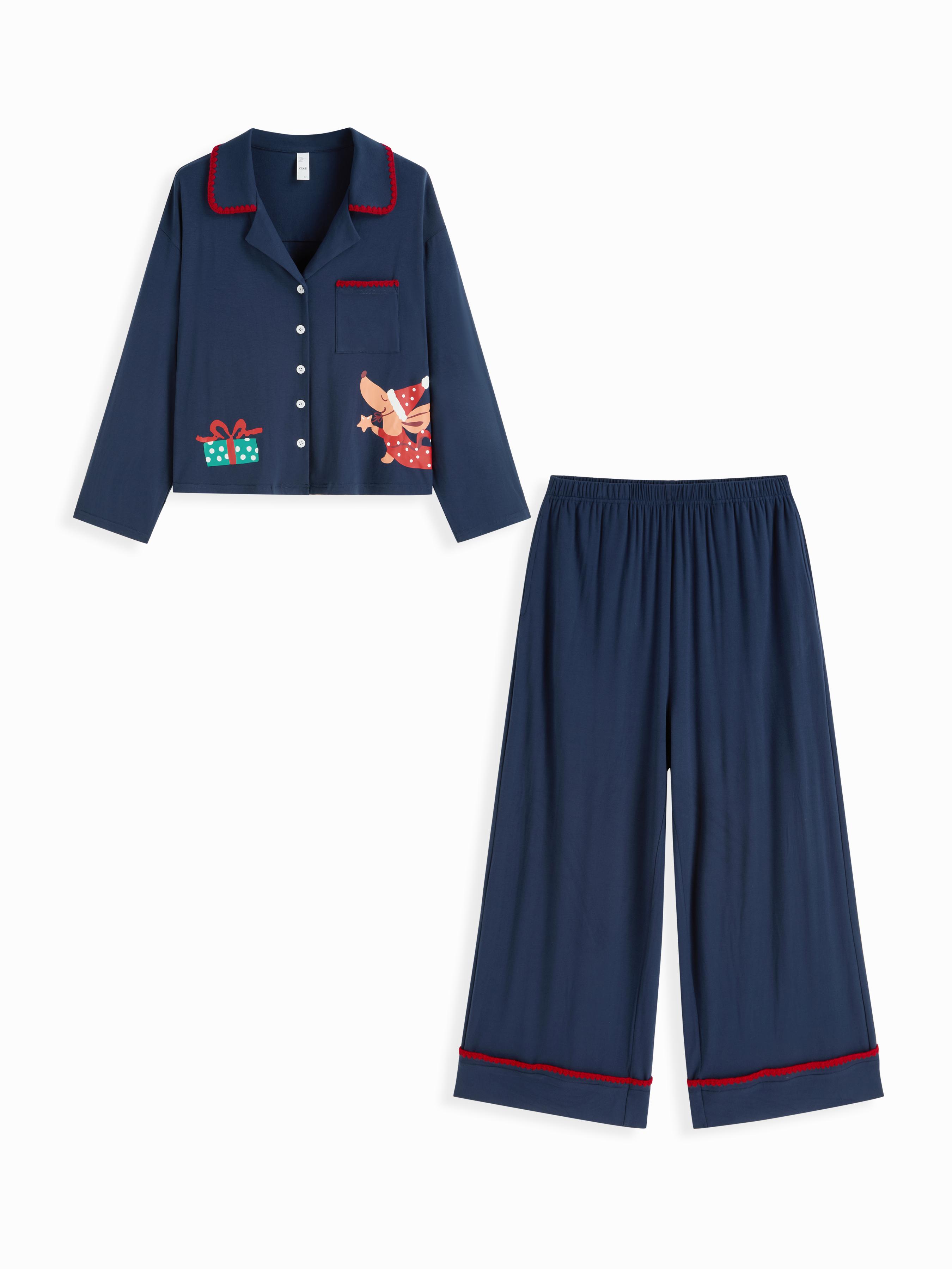 Christmas Dog Graphic Oversized Top & Mid Rise Wide Leg Trousers Loungewear Set Curve & Plus by CIDER