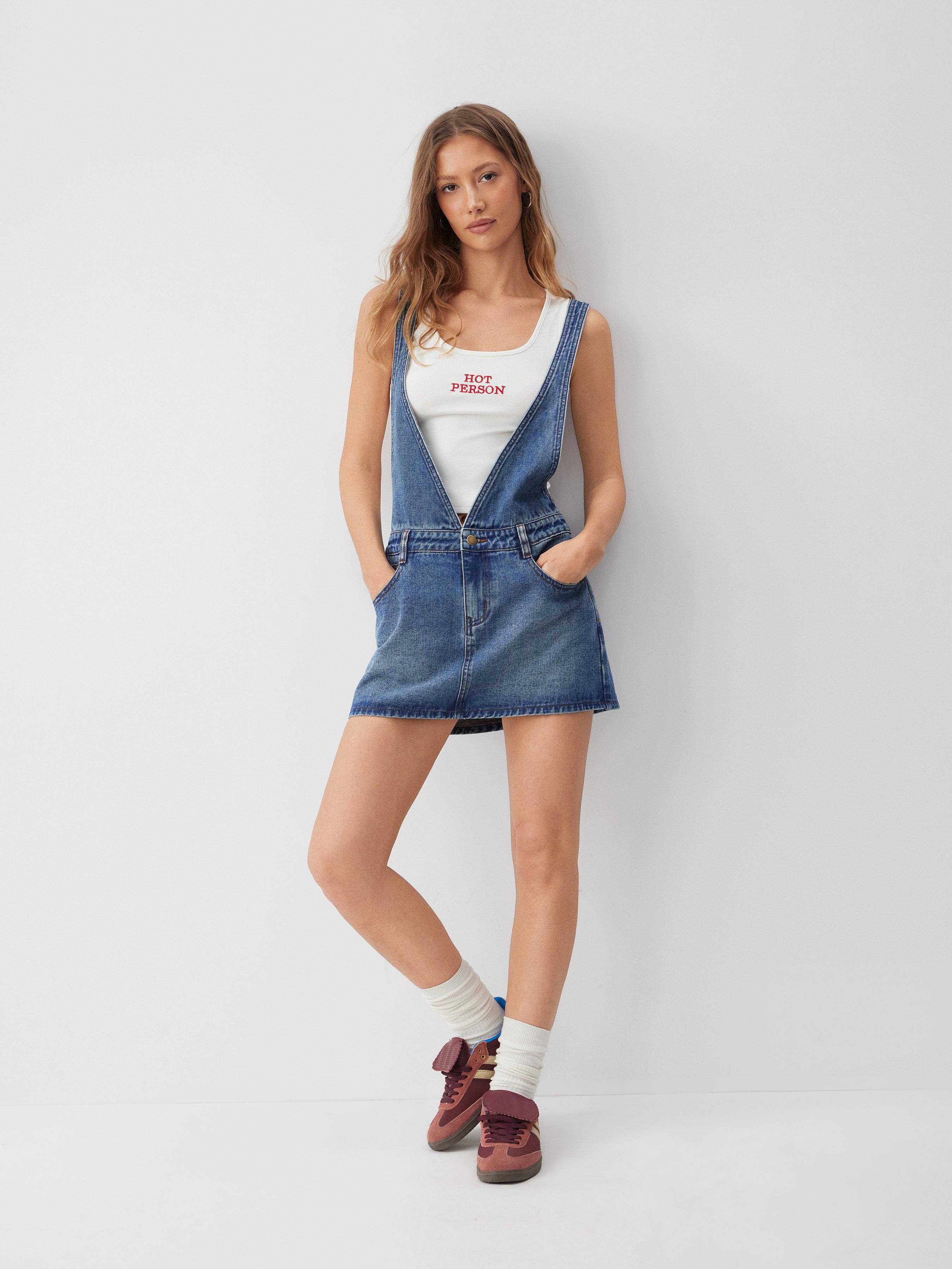 Cider Denim Buckle Up Pinafore Mini Dress by CIDER