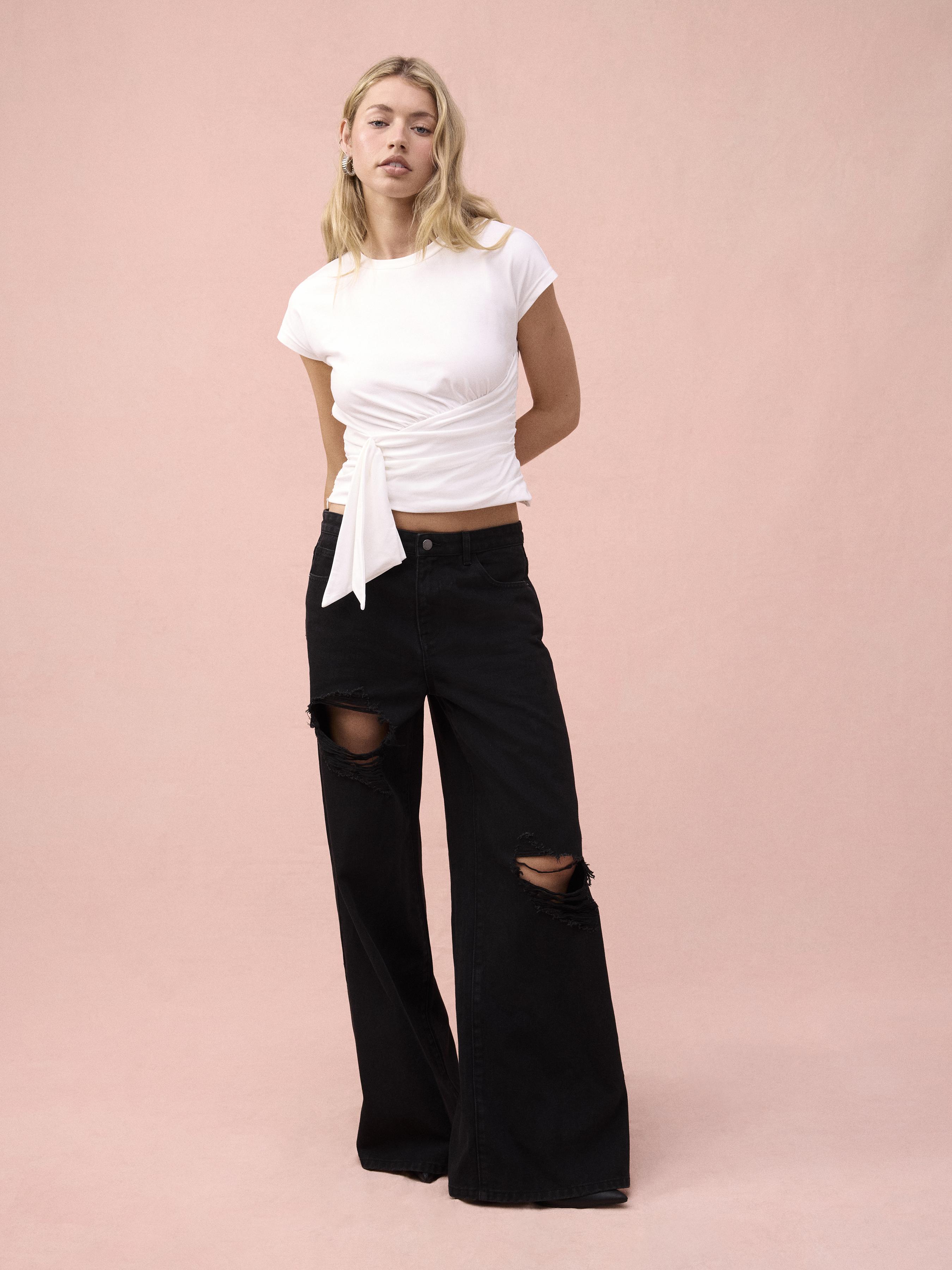 Cider Denim Low Rise Cut Out Ripped Baggy Jeans by CIDER