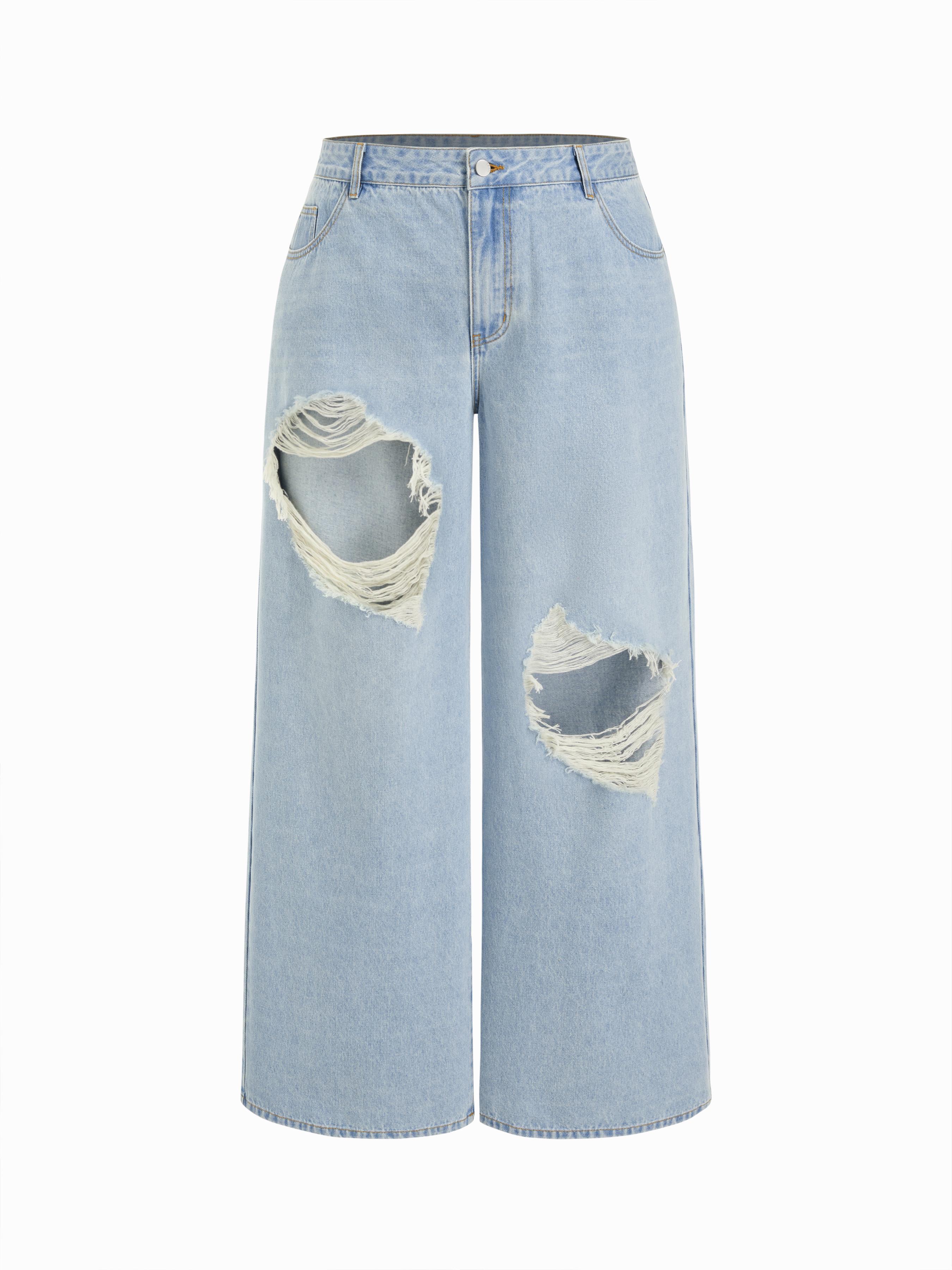 Cider Denim Low Rise Cut Out Ripped Wide Leg Jeans Curve & Plus by CIDER