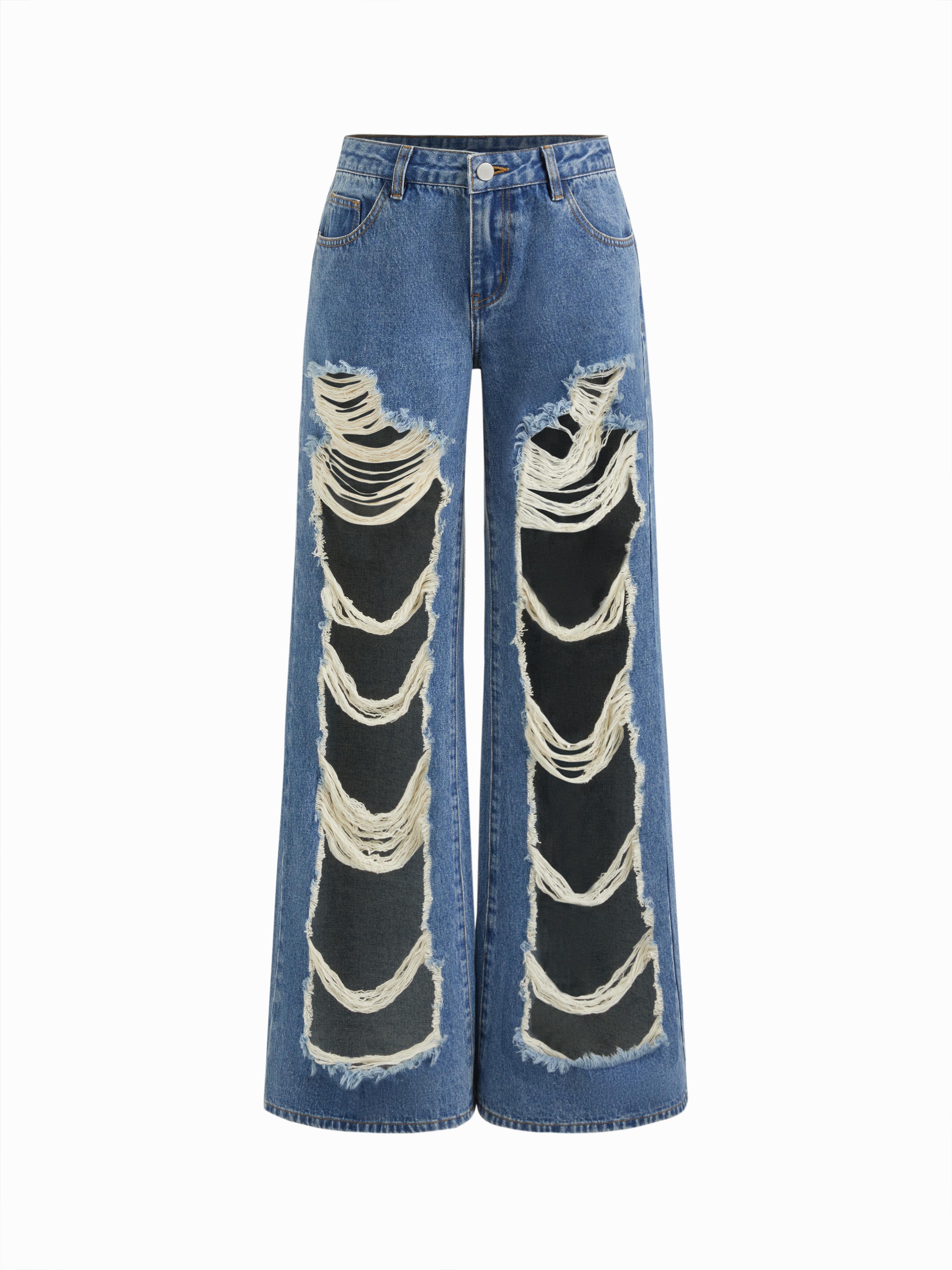 Cider Denim Low Rise Ripped Wide Leg Jeans by CIDER