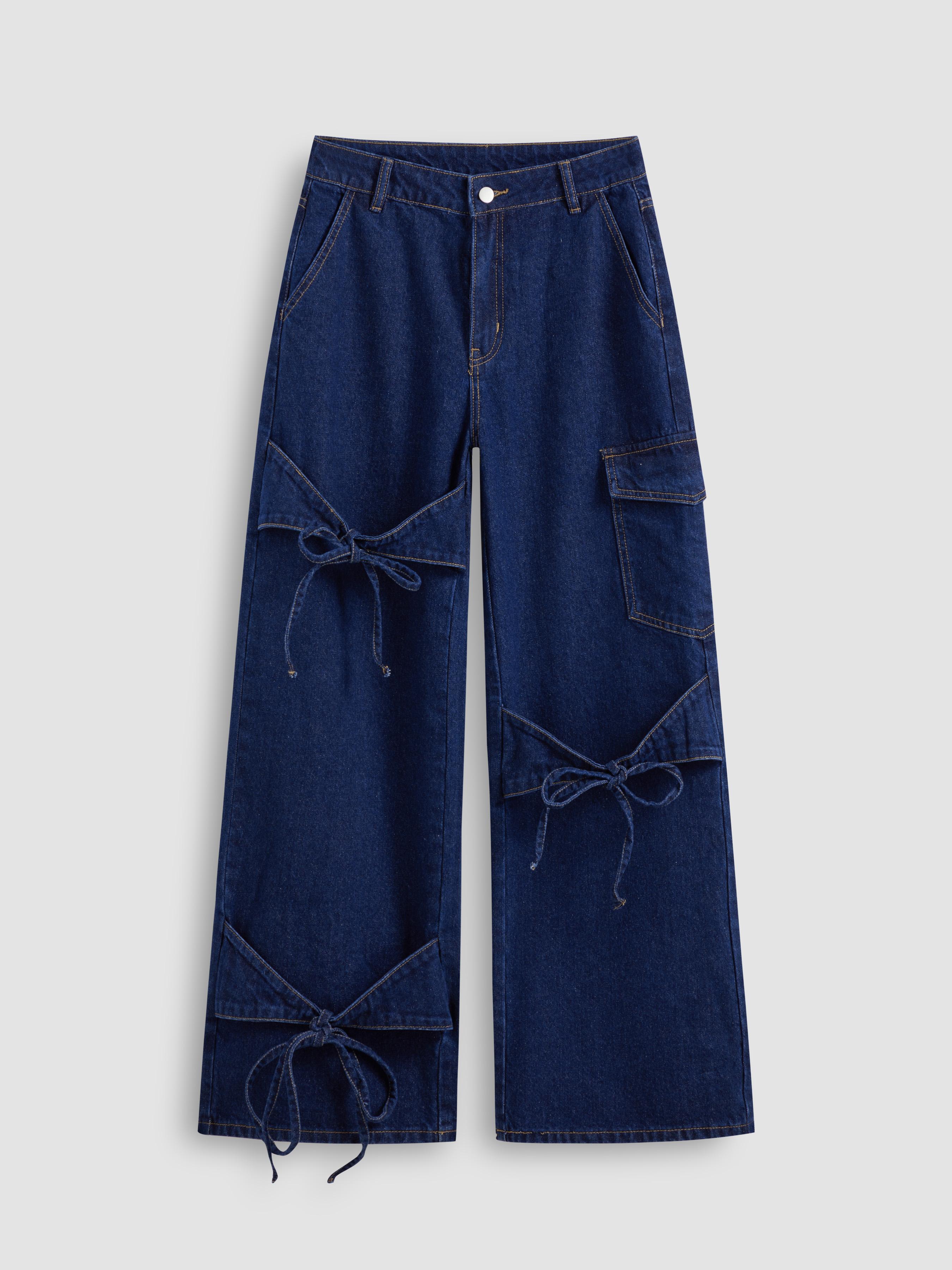 Cider Denim Low Rise Solid Bowknot Pocket Wide Leg Jeans by CIDER Cider Denim Low Rise Solid Bowknot Pocket Wide Leg Jeans by CIDER