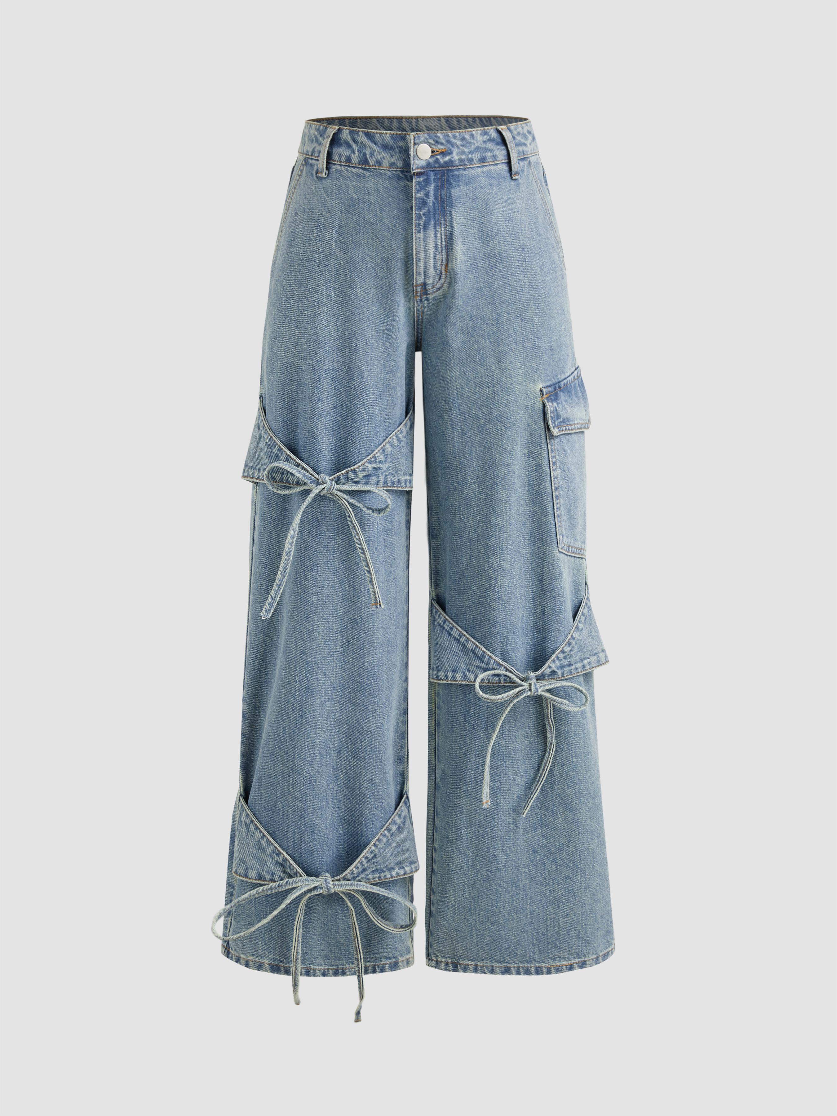 Cider Denim Low Rise Solid Bowknot Pocket Wide Leg Jeans by CIDER