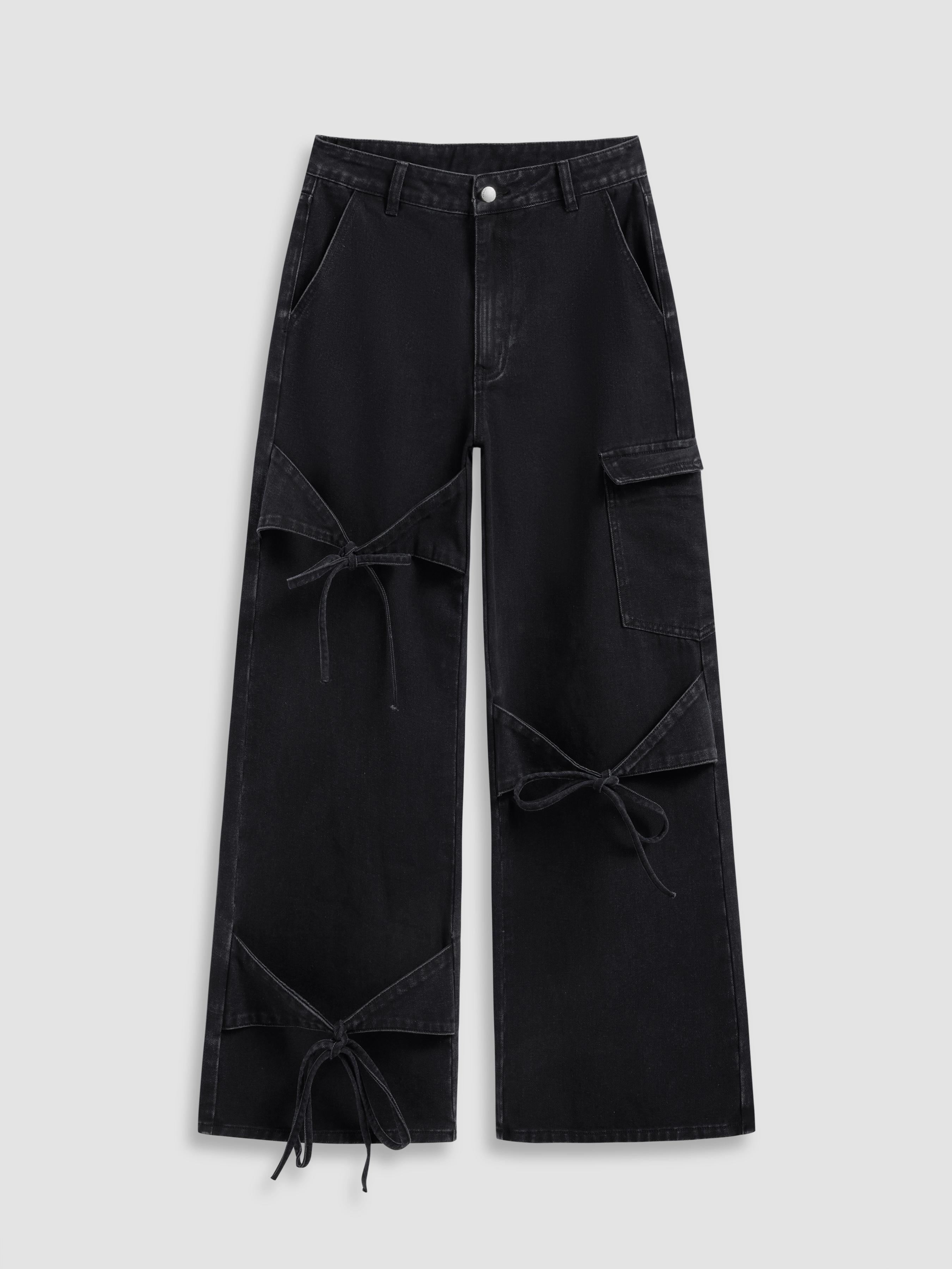 Cider Denim Low Rise Solid Bowknot Pocket Wide Leg Jeans by CIDER