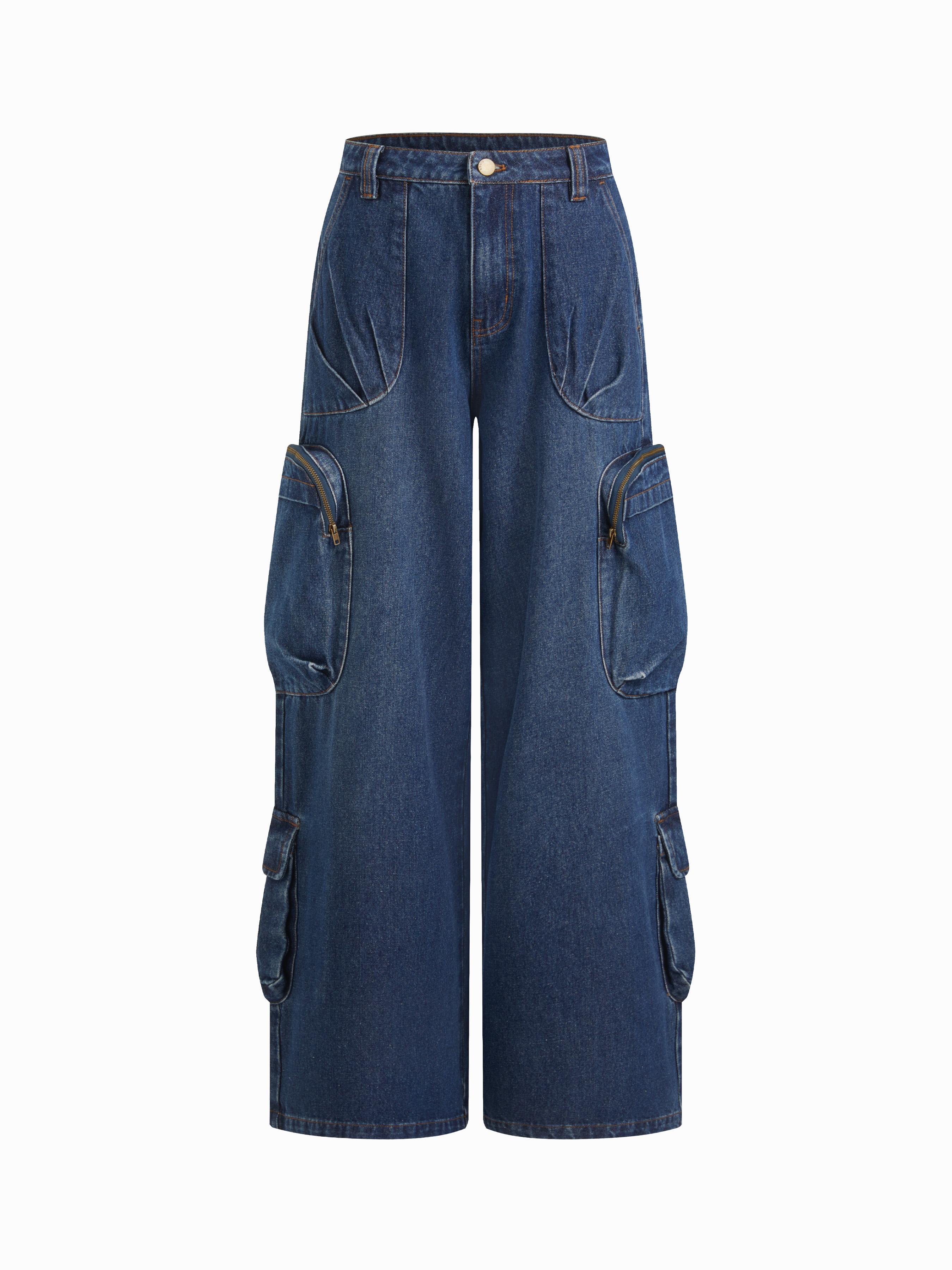 Cider Denim Low Rise Wide Leg Cargo Jeans by CIDER