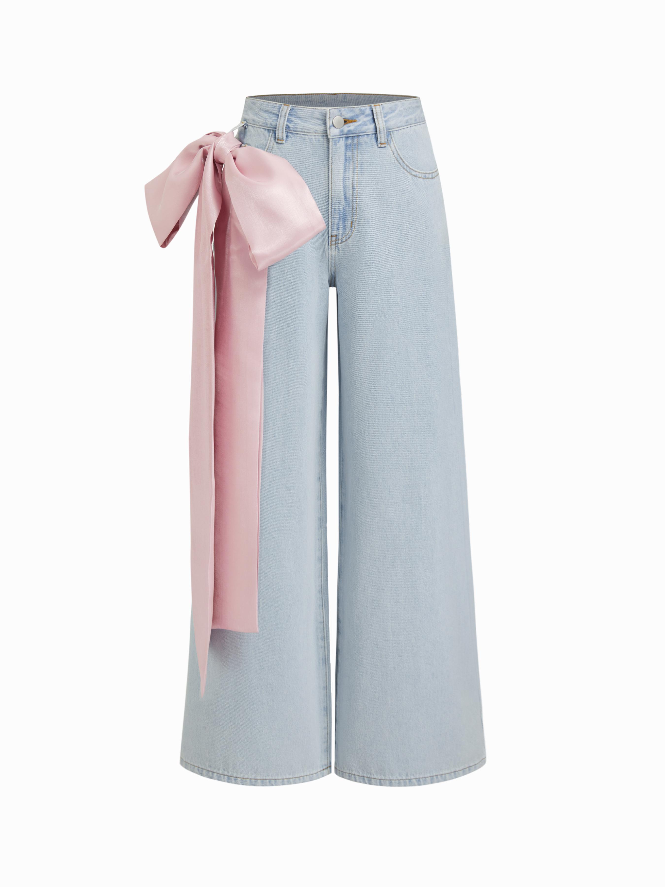 Cider Denim Mid Rise Bowknot Wide Leg Jeans by CIDER