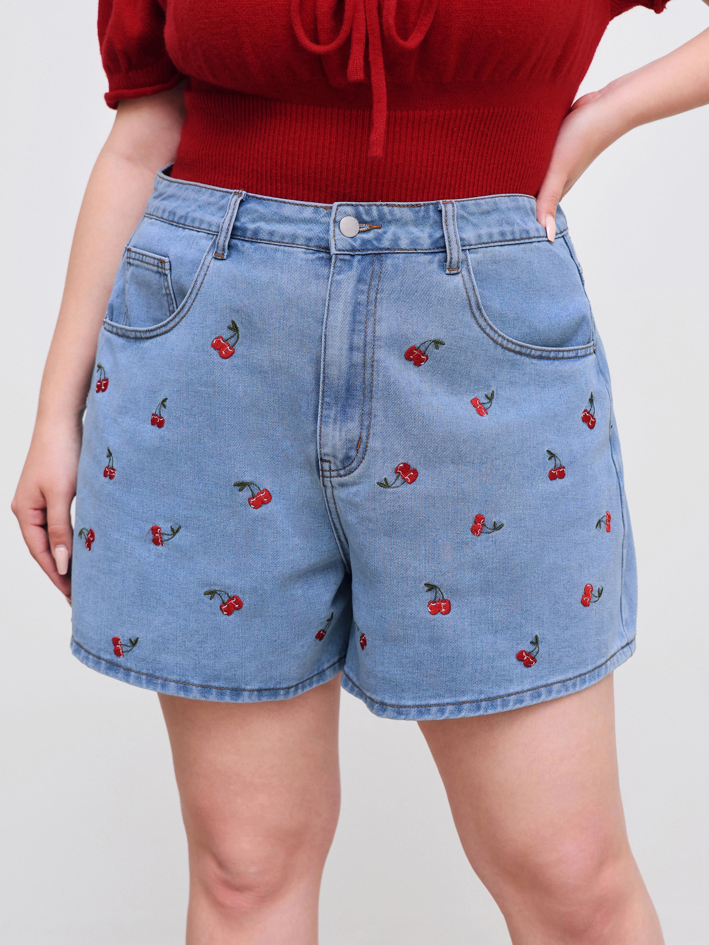 Cider Denim Mid Rise Cherry Embroidery Shorts Curve & Plus by CIDER