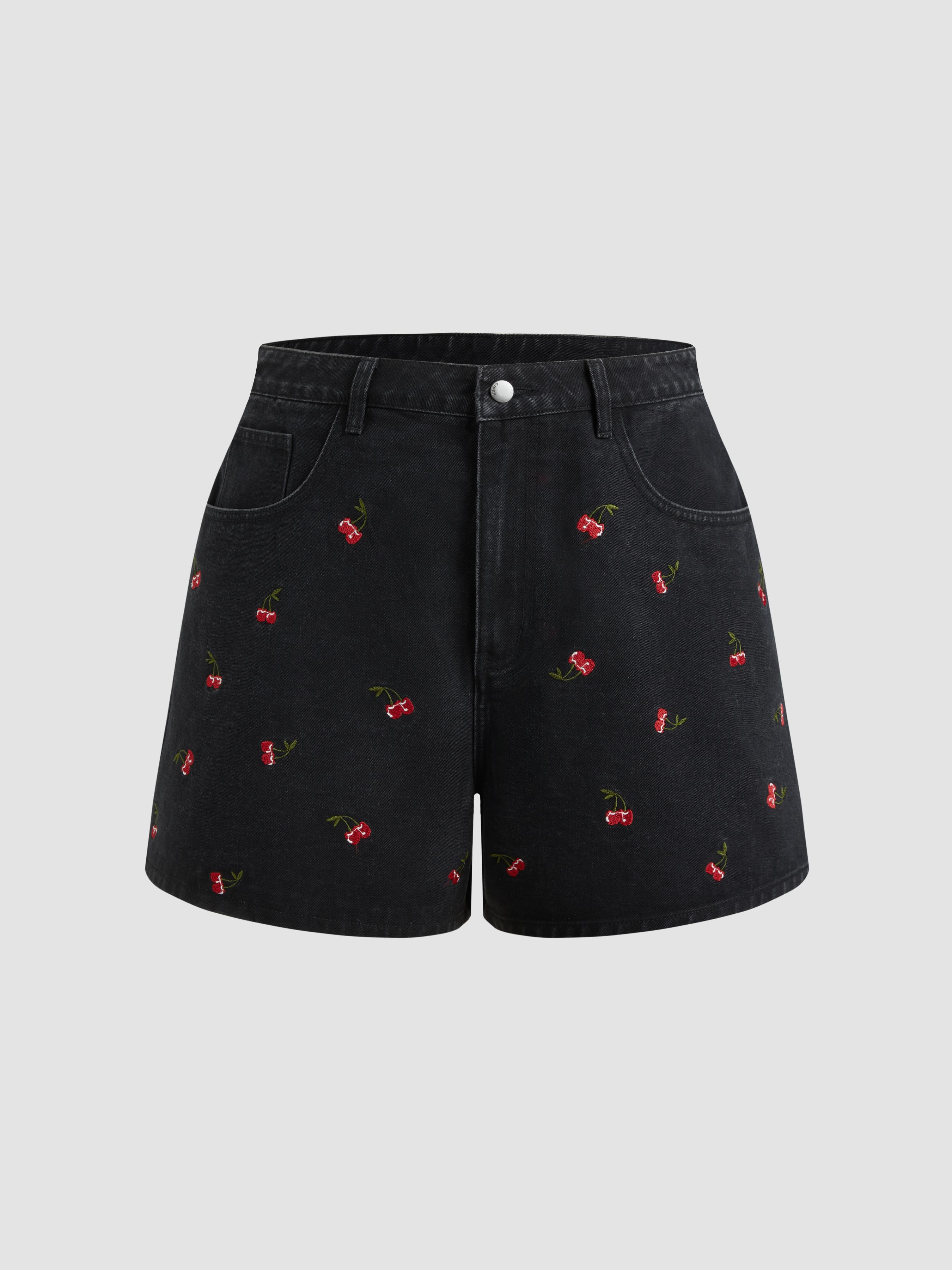 Cider Denim Mid Rise Cherry Embroidery Shorts Curve & Plus by CIDER