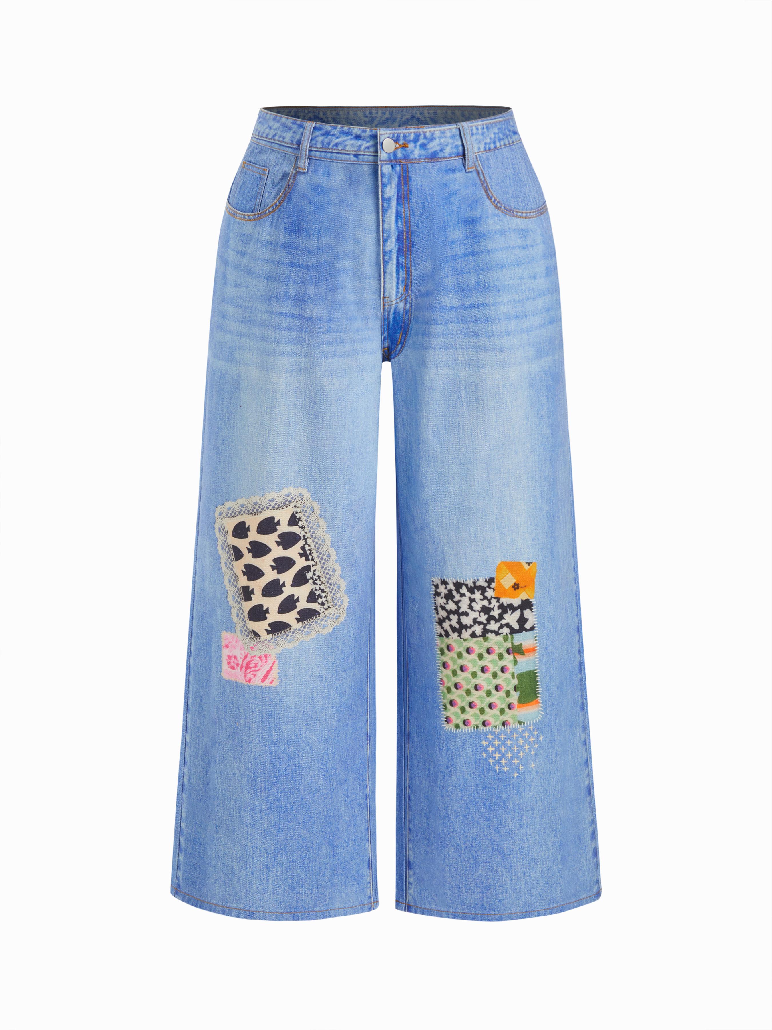 Cider Denim Mid Rise Fish & Floral Appliques Washed Baggy Jeans Curve & Plus by CIDER