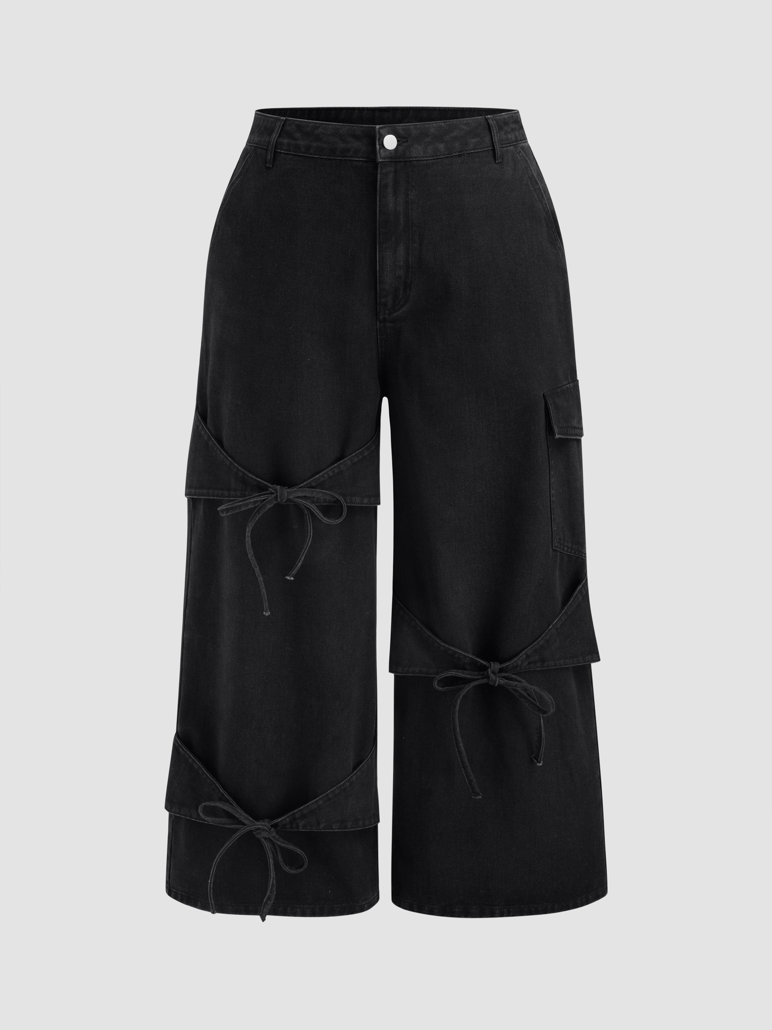 Cider Denim Mid Rise Solid Bowknot Pocket Wide Leg Jeans Curve & Plus by CIDER