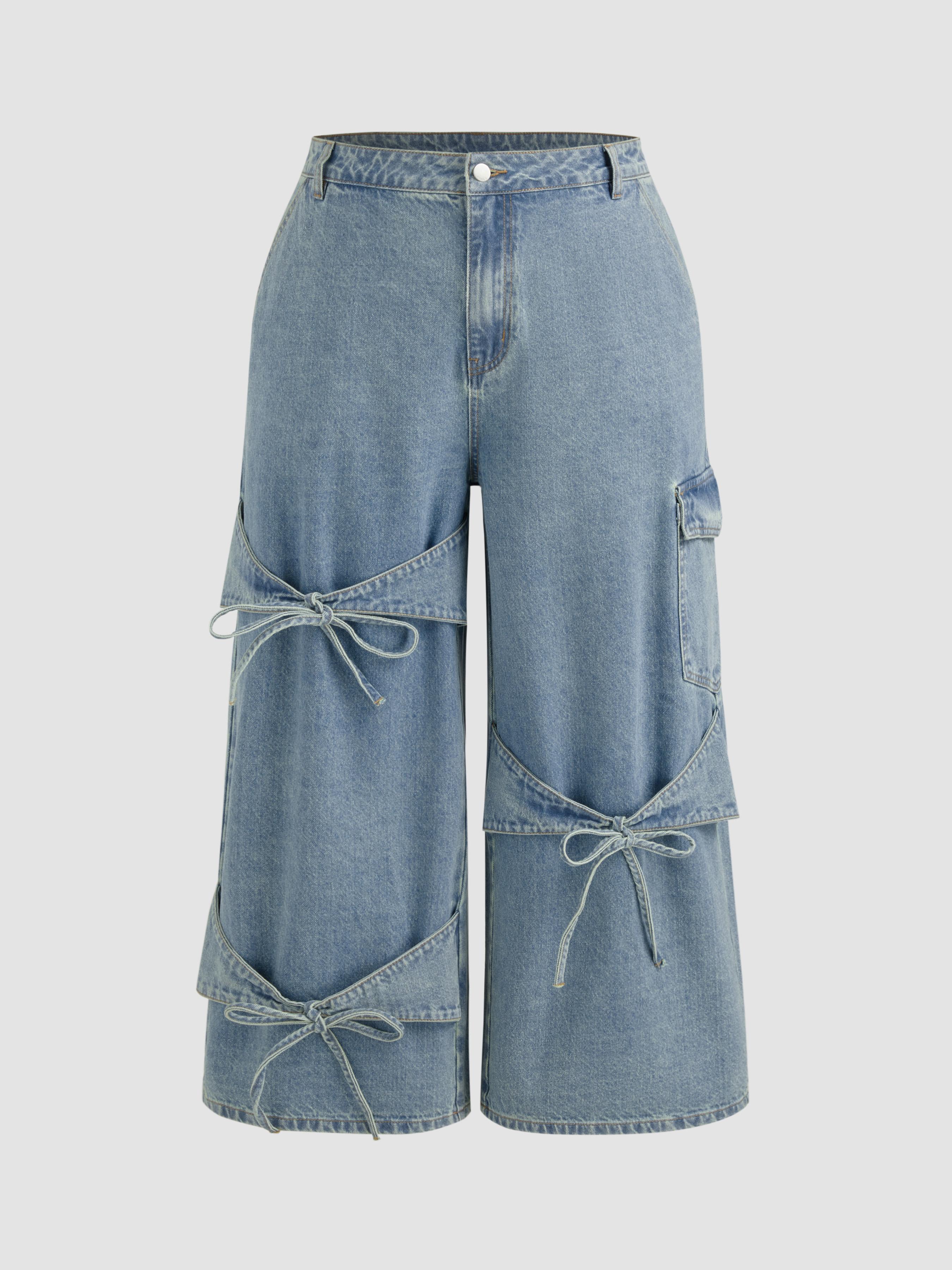 Cider Denim Mid Rise Solid Bowknot Pocket Wide Leg Jeans Curve & Plus by CIDER